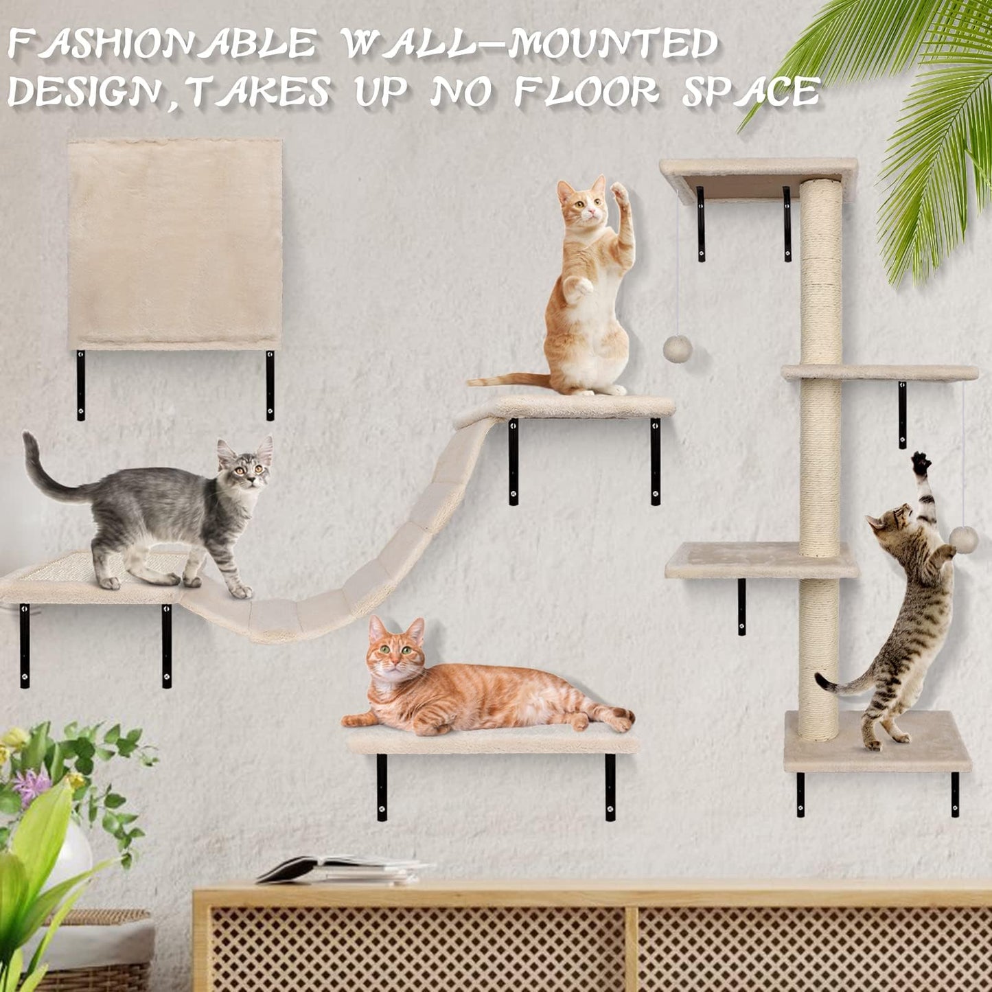Meubles muraux pour chats Almcmy, ensemble de 4 meubles muraux pour chats, arbre à chat avec griffoir, maison, pont, perchoir flottant, étagères murales modernes pour chats dormant, jouant et grimpant, beige