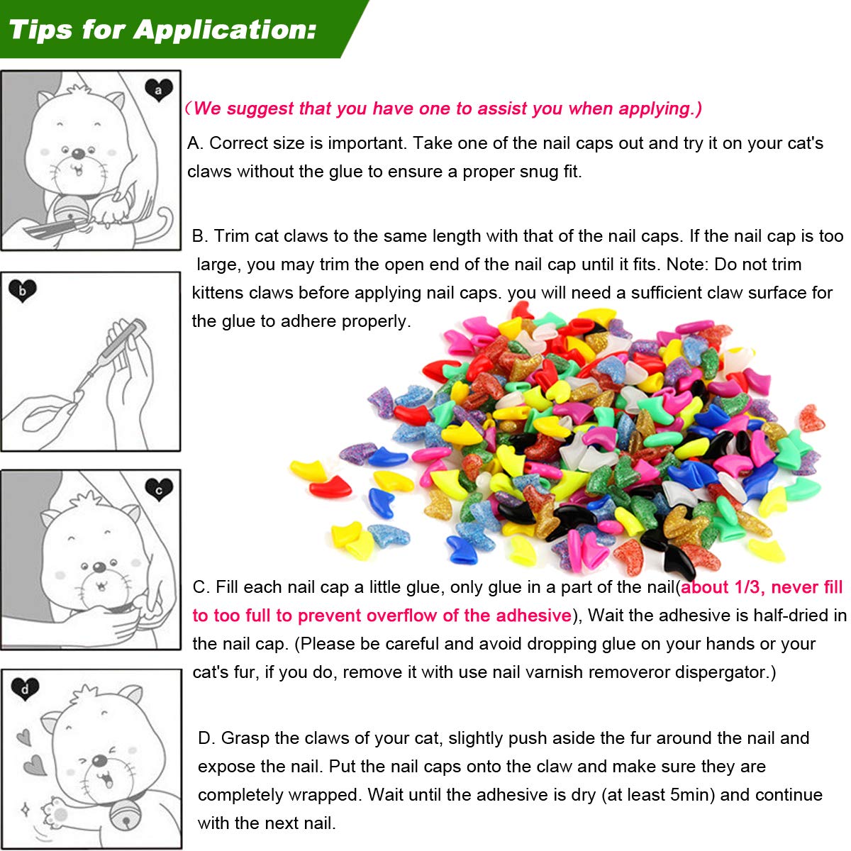 100pcs (10 Colors) Cat Nail Caps, Cat Claw Caps Cat Nail Covers with Adhesive Glue and Applicators (Medium)