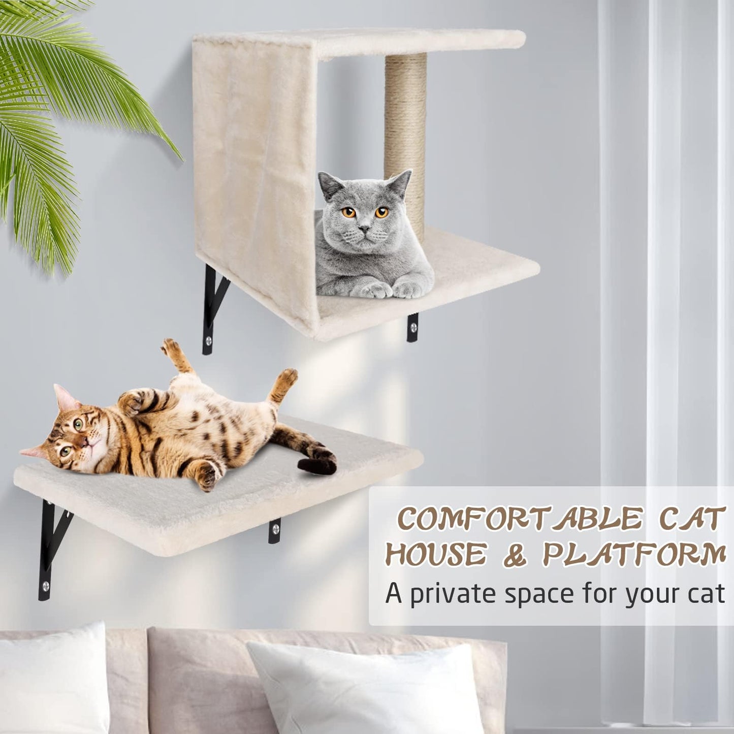 Meubles muraux pour chats Almcmy, ensemble de 4 meubles muraux pour chats, arbre à chat avec griffoir, maison, pont, perchoir flottant, étagères murales modernes pour chats dormant, jouant et grimpant, beige