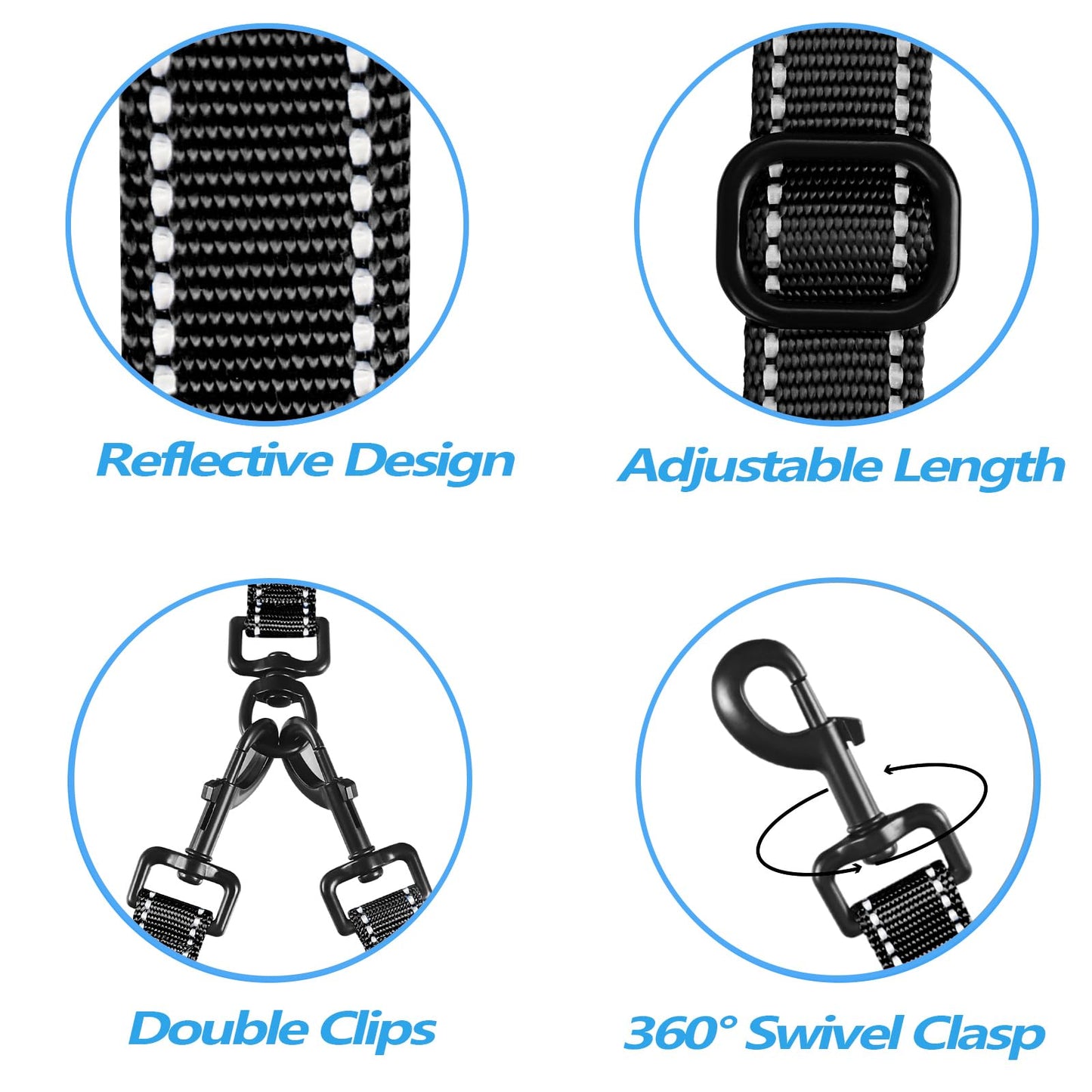 PetBonus Double Dog Leash, No Tangle Dual Leash, Reflective Walking Training Lead, 4 Comfortable Padded Handles for 2 Dogs with Collapsible Bowl and Waste Bags (Black, Large)