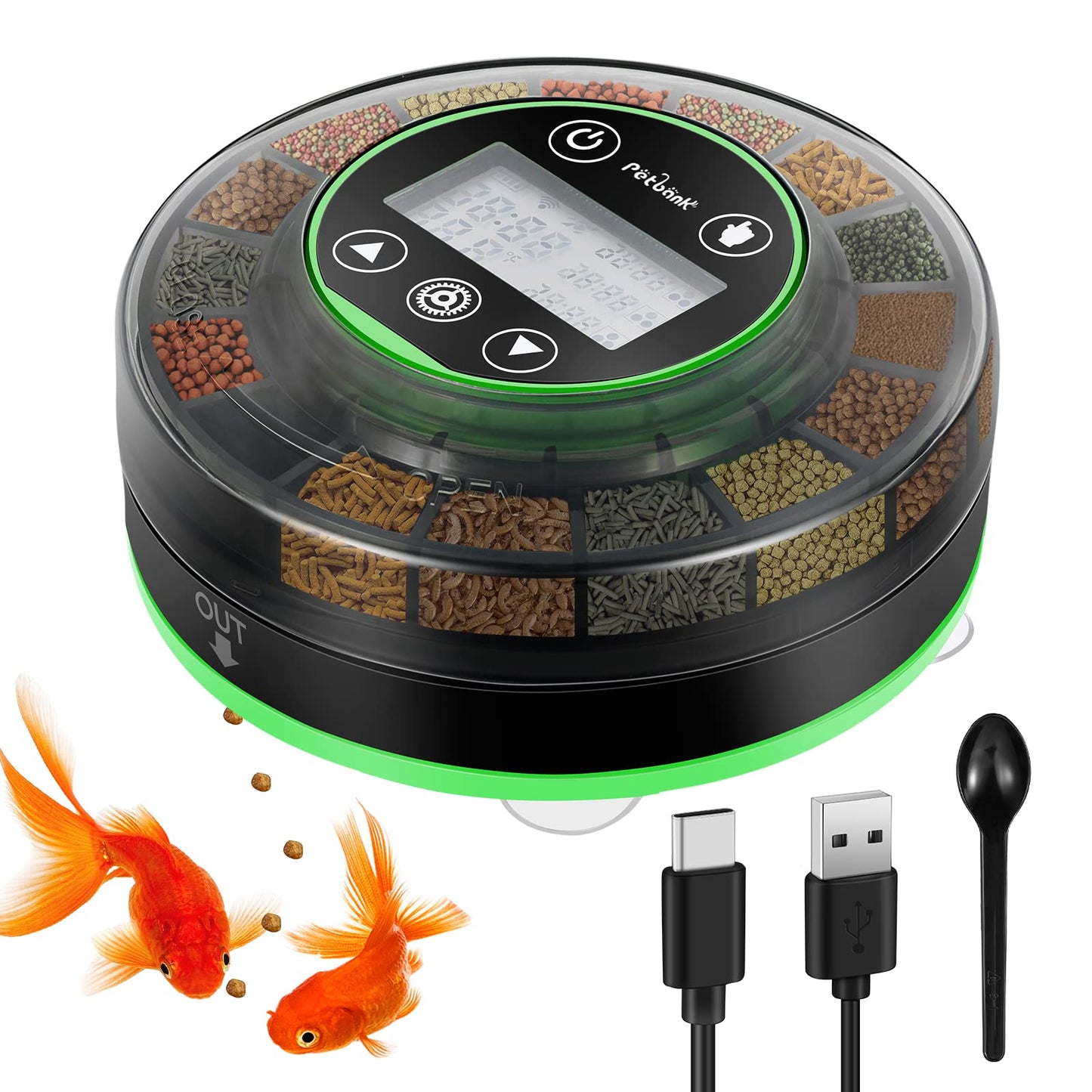 Petbank Automatic Fish Feeder for Aquarium - Auto Fish Food Dispenser Rechargeable for Fish Tank Vacation Fish Feeder Timer with USB Charger Cable