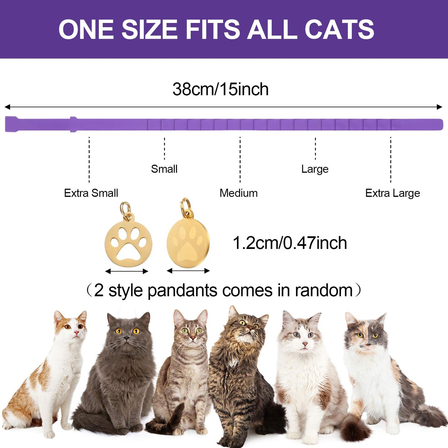 Collier apaisant pour chat, réglable, parfum lavande, avec 2 pendentifs, pour chiots, réduit le stress, l'agression et l'anxiété, jusqu'à 38 cm (violet, doré)