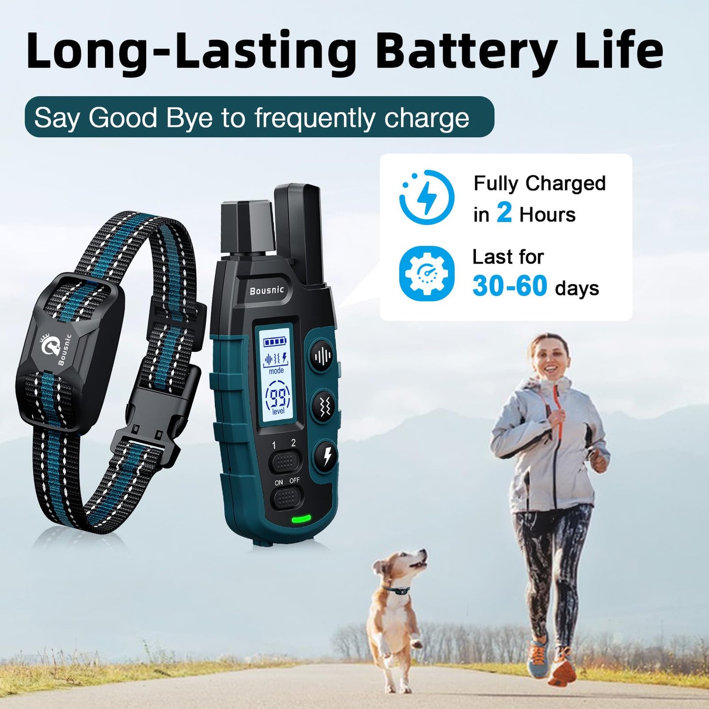 Bousnic Dog Shock Collar - 3300Ft Dog Training Collar with Remote for 5-120lbs Small Medium Large Dogs Rechargeable Waterproof e Collar with Beep (1-8), Vibration(1-16), Safe Shock(1-99) Modes (Blue)