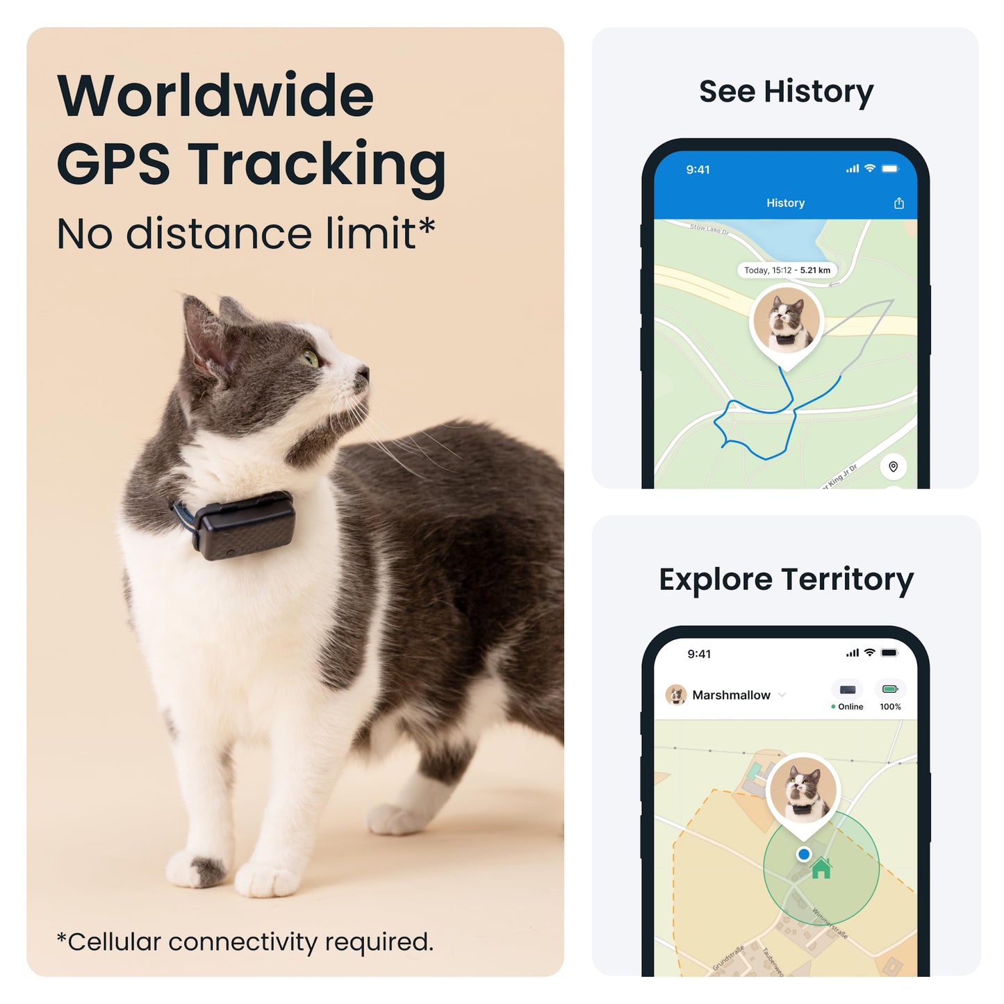 Traceur GPS Tractive pour chat (plus de 2,9 kg) | Localisation en temps réel | Alertes santé et bien-être | Autonomie jusqu'à 7 jours | Collier détachable inclus (bleu foncé)