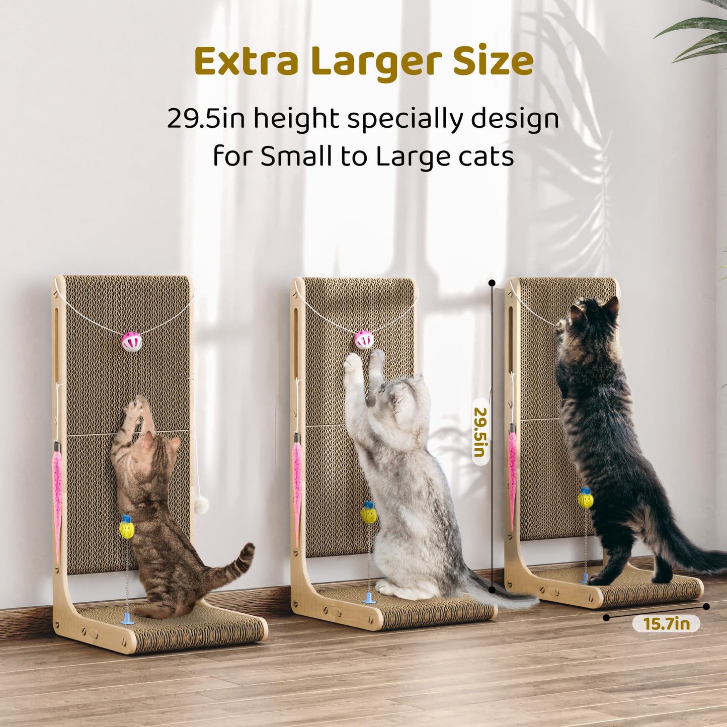 Griffoir pour chat Eosarcu, 75 cm, griffoir en forme de L pour chats d'intérieur, anti-griffures pour meubles avec clochettes, boules de poils, herbe à chat, taille XL