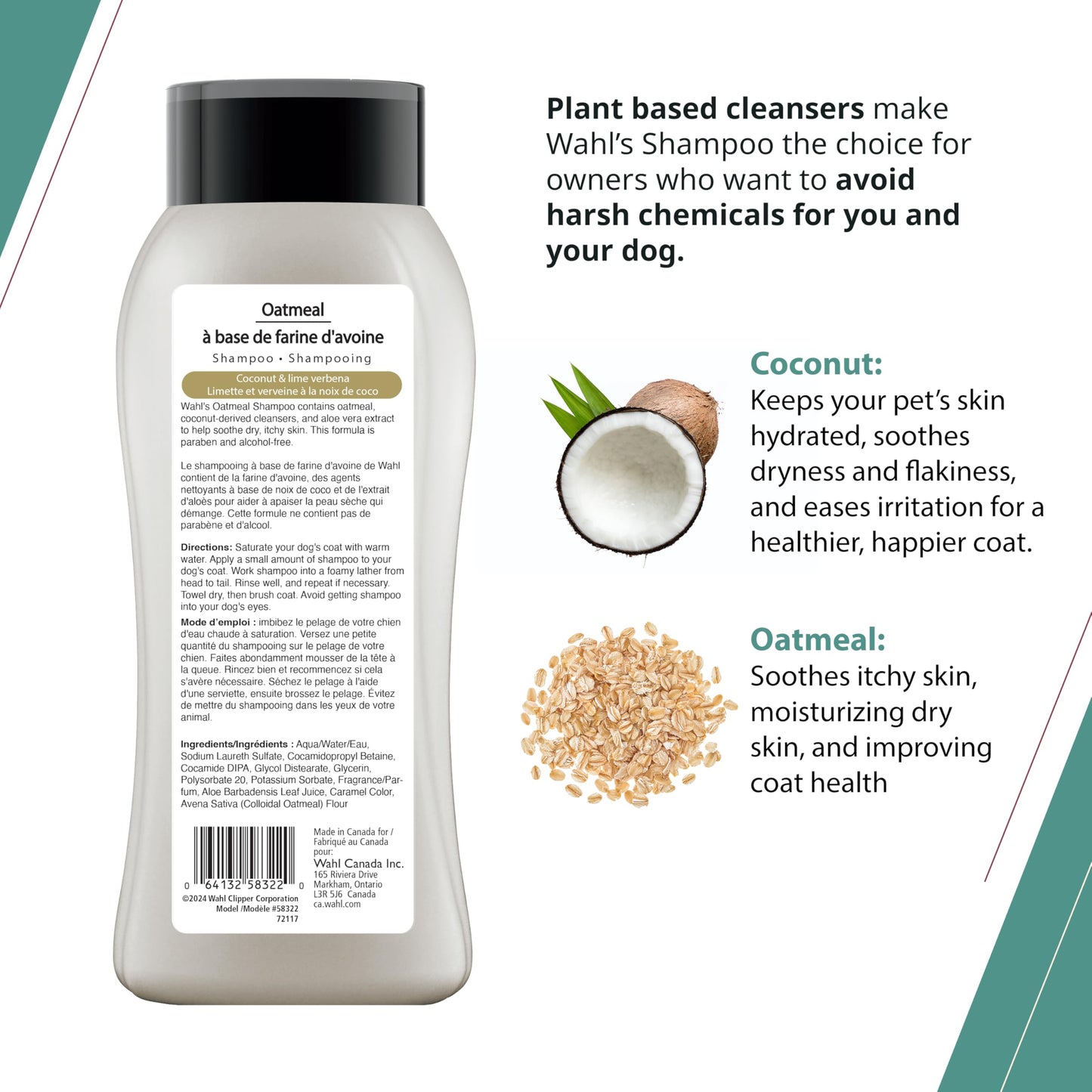 Shampoing à l'avoine pour chiens Wahl Canada, shampoing d'origine végétale à la noix de coco, au citron vert et à la verveine pour apaiser la peau sèche et irritée, sans parabène, 700 ml, modèle 58322