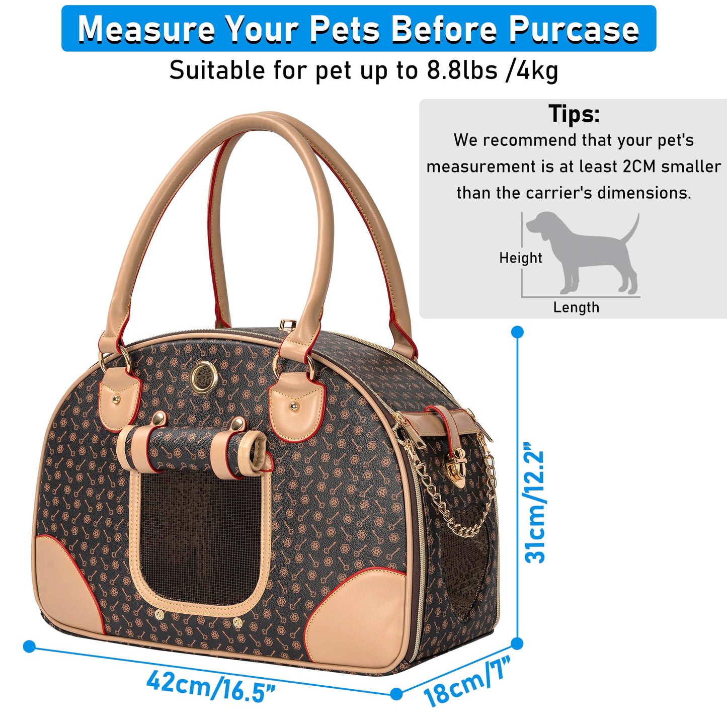 TORIBIO Luxury Pet Travel Carrier, Foldable Small Dog Cat Carrier Bag Fashion Soft-Sided Pet Carrier Tote Bags Waterproof PU Leather Carrying Handbag for Outdoor Travel Walking Hiking Shopping, L