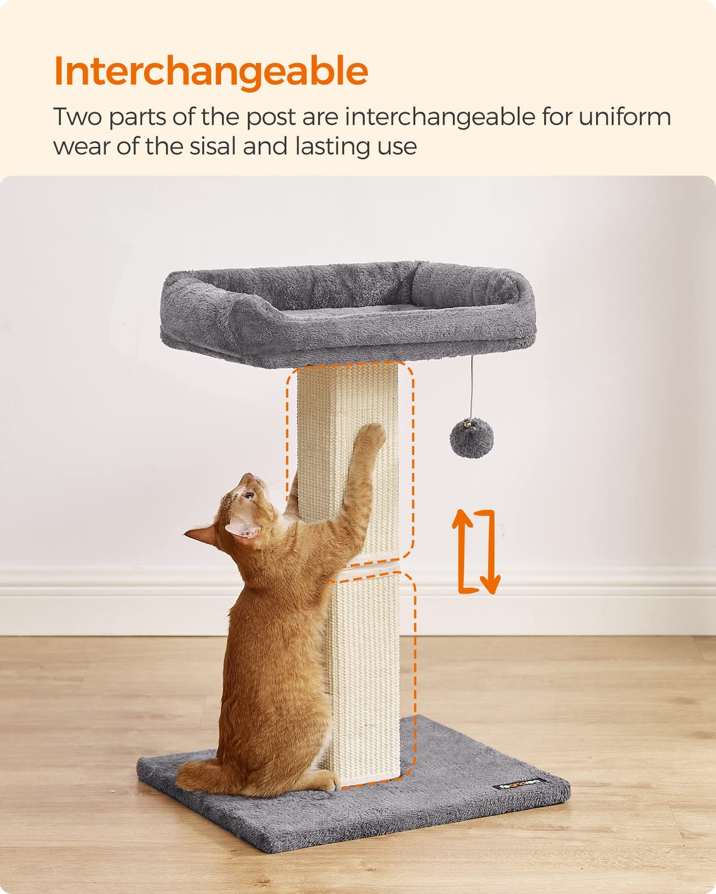 Arbre à chat Feandrea, griffoir avec perchoir supérieur, entièrement recouvert de sisal tissé, pompon, housse amovible et lavable, gris clair UPCA022W01