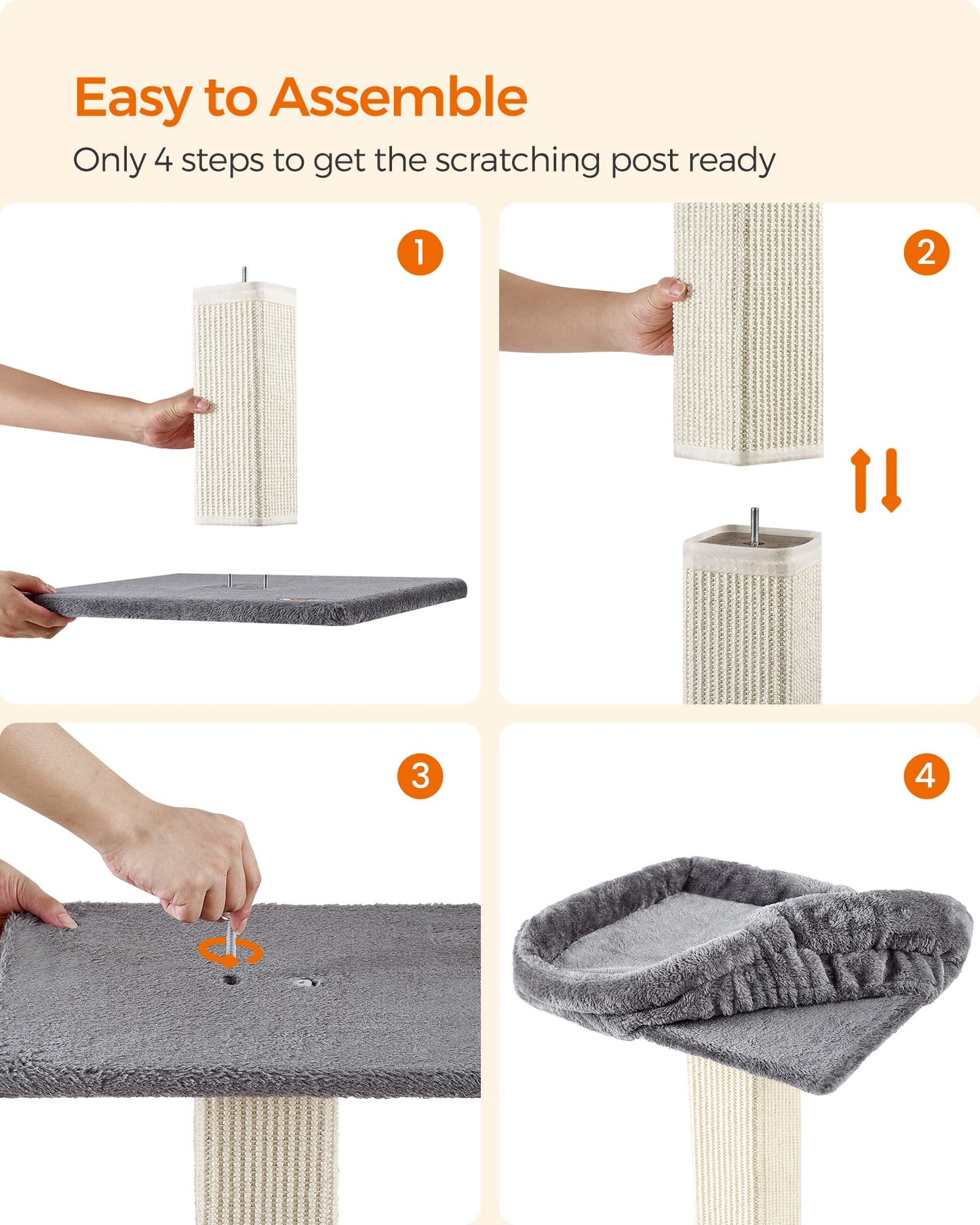 Arbre à chat Feandrea, griffoir avec perchoir supérieur, entièrement recouvert de sisal tissé, pompon, housse amovible et lavable, gris clair UPCA022W01