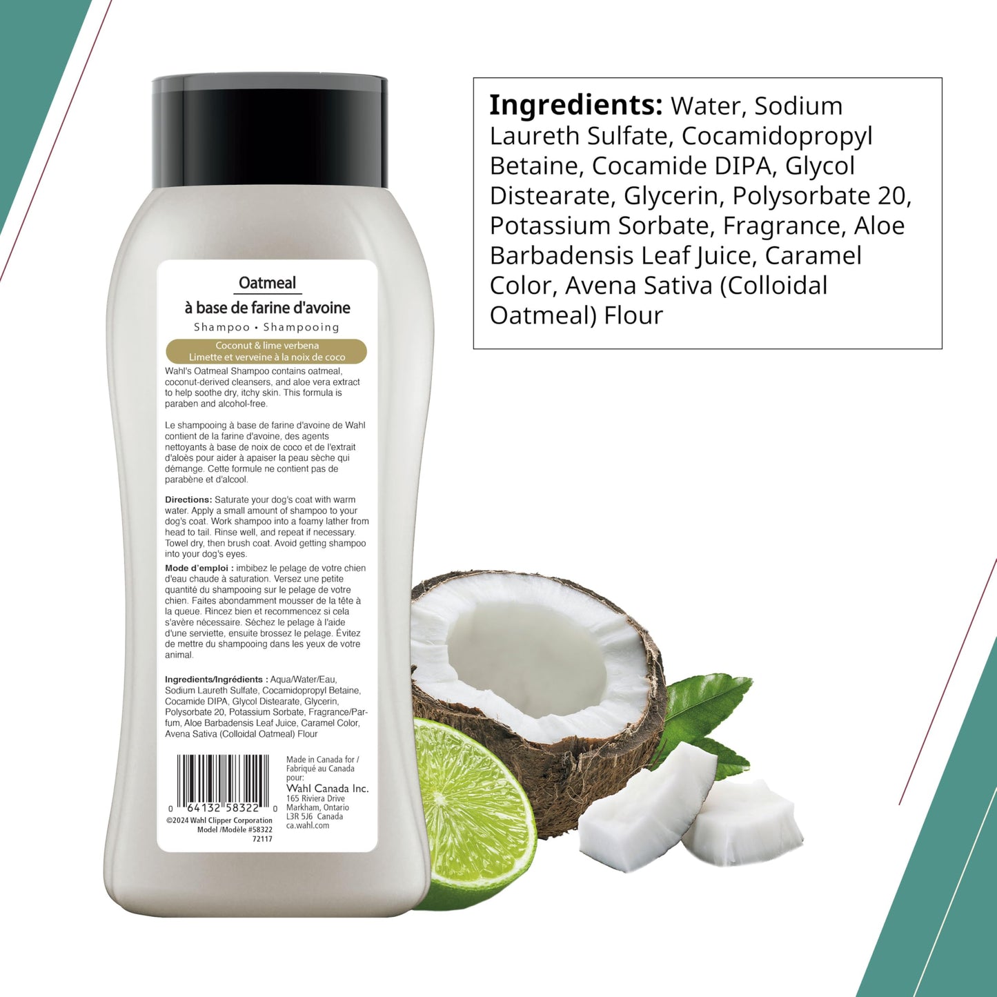 Shampoing à l'avoine pour chiens Wahl Canada, shampoing d'origine végétale à la noix de coco, au citron vert et à la verveine pour apaiser la peau sèche et irritée, sans parabène, 700 ml, modèle 58322