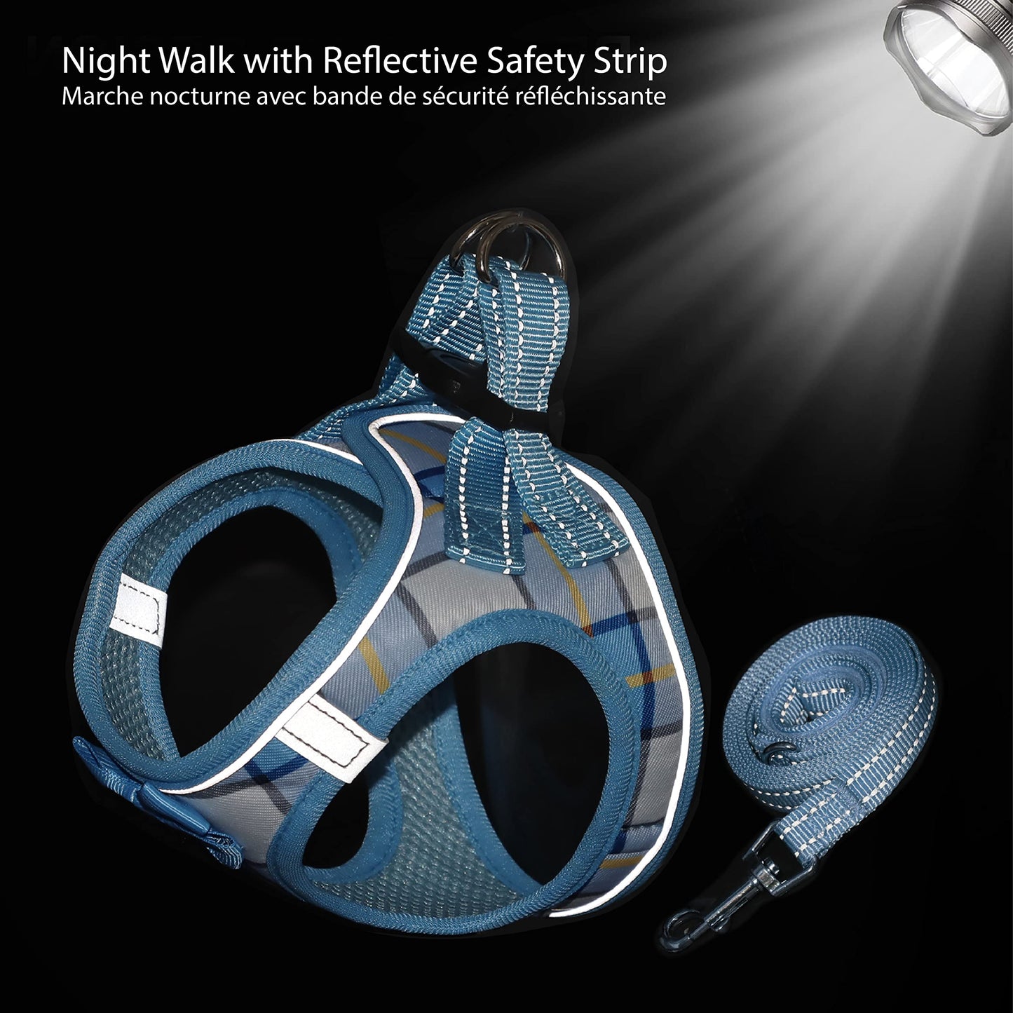 JdotMIN Ensemble harnais et laisse pour chien à carreaux, pour petit chien et chat, harnais gilet anti-traction, anti-fuite, pour promener chiot et chaton, pour voyage et voiture, harnais pour chien (bleu, XXS)
