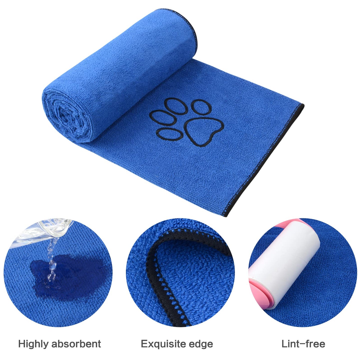 KinHwa Microfiber Dog Towel Super Absorbent Pet Bath Towel Large Size for All Dogs and Cats with Embroidered Paw Print (Dark-Blue, 30inchx50inch)