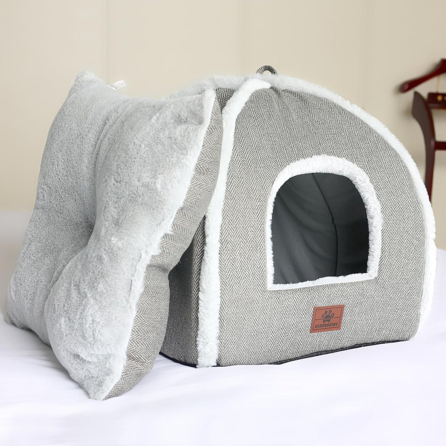 WINDRACING cat beds for Indoor Cats, Foldable cat Bed cave, cat House with Washable Cushions, cat Bed for Kittens, Small Pets, cat Tent, Soft and Warm Indoor cat House, Gray