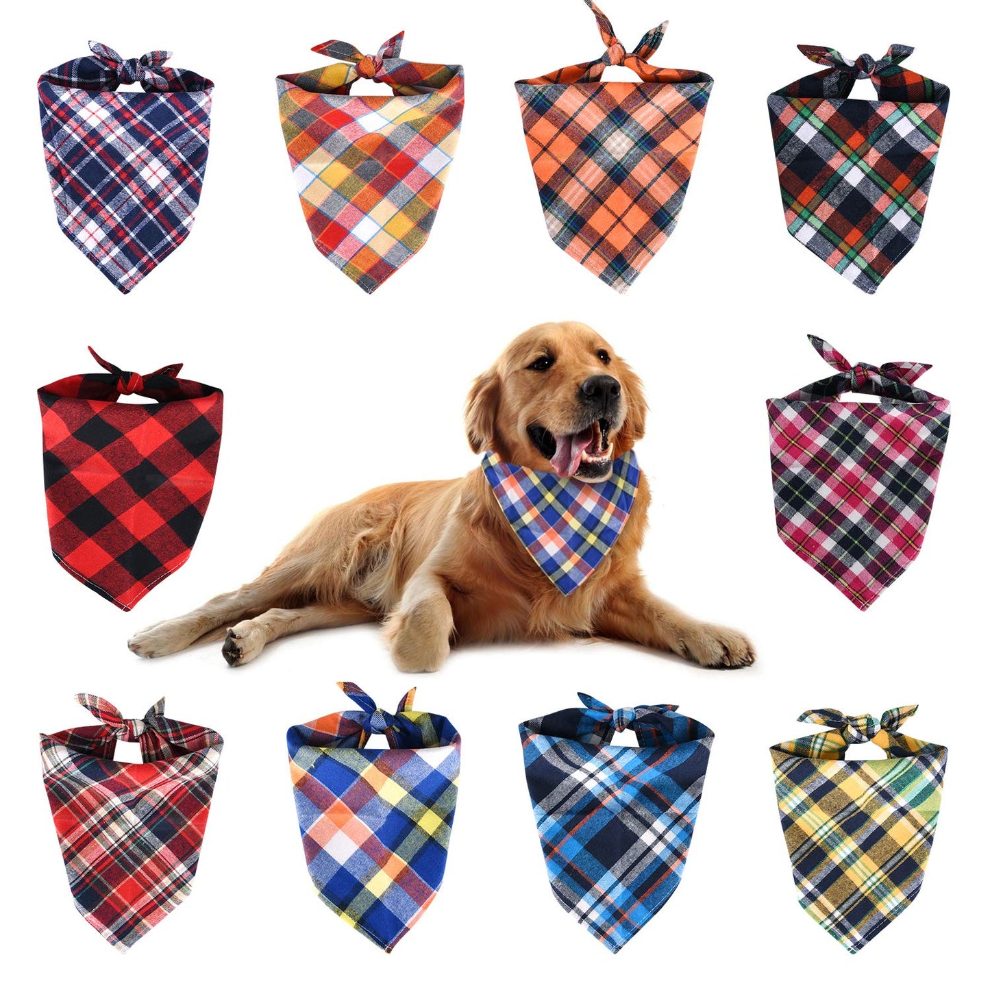 KUUQA 10 Pack Triangle Dog Bandanas, Plaid Bibs Scarf Washable and Adjustable Kerchief Set for Dogs Cats Pets