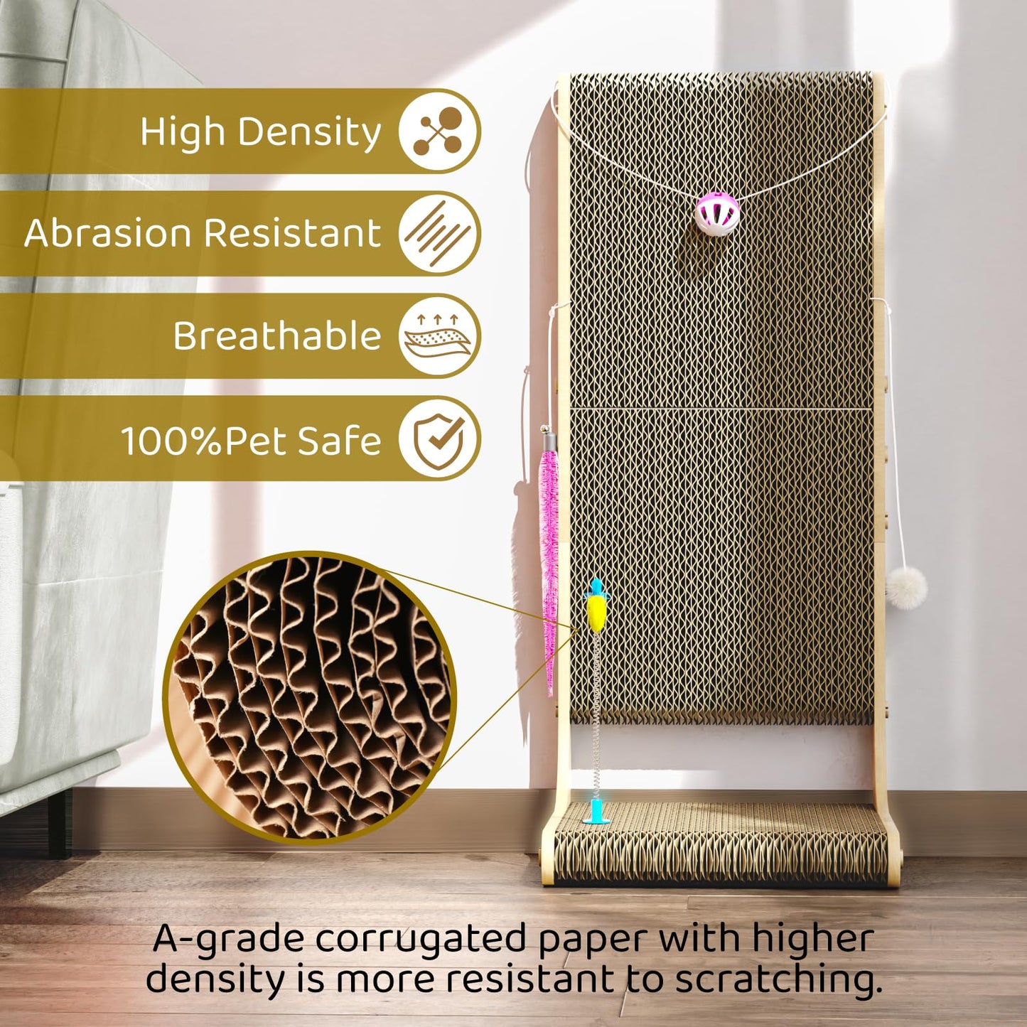 Griffoir pour chat Eosarcu, 75 cm, griffoir en forme de L pour chats d'intérieur, anti-griffures pour meubles avec clochettes, boules de poils, herbe à chat, taille XL