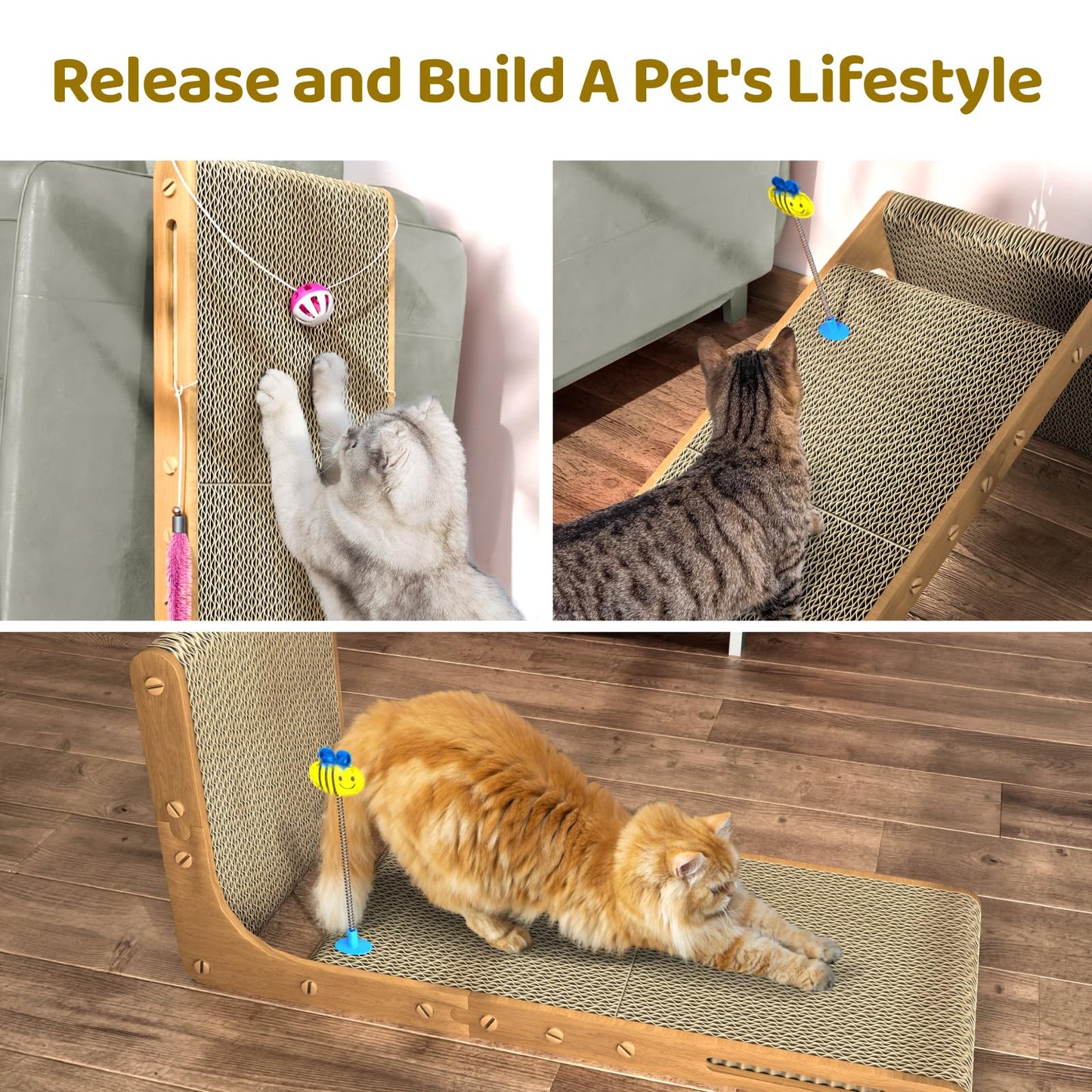 Griffoir pour chat Eosarcu, 75 cm, griffoir en forme de L pour chats d'intérieur, anti-griffures pour meubles avec clochettes, boules de poils, herbe à chat, taille XL