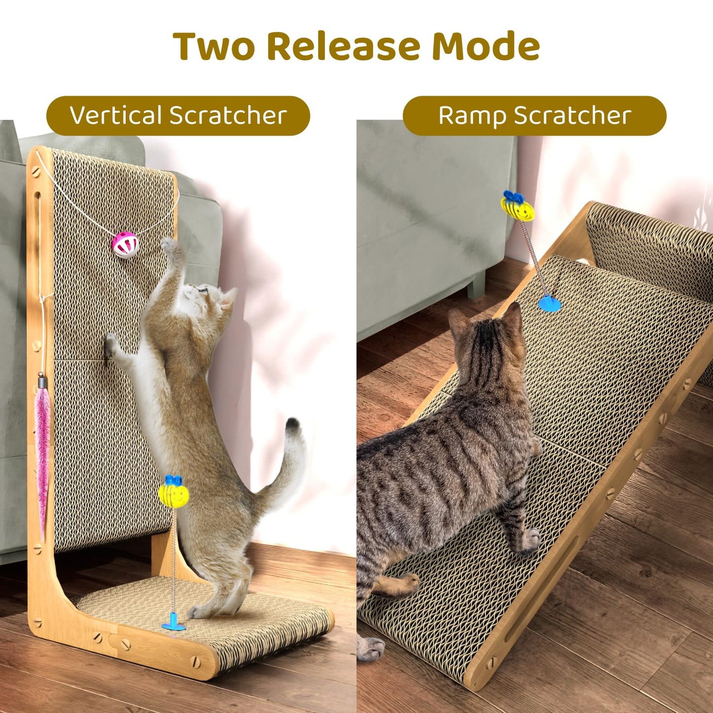 Griffoir pour chat Eosarcu, 75 cm, griffoir en forme de L pour chats d'intérieur, anti-griffures pour meubles avec clochettes, boules de poils, herbe à chat, taille XL
