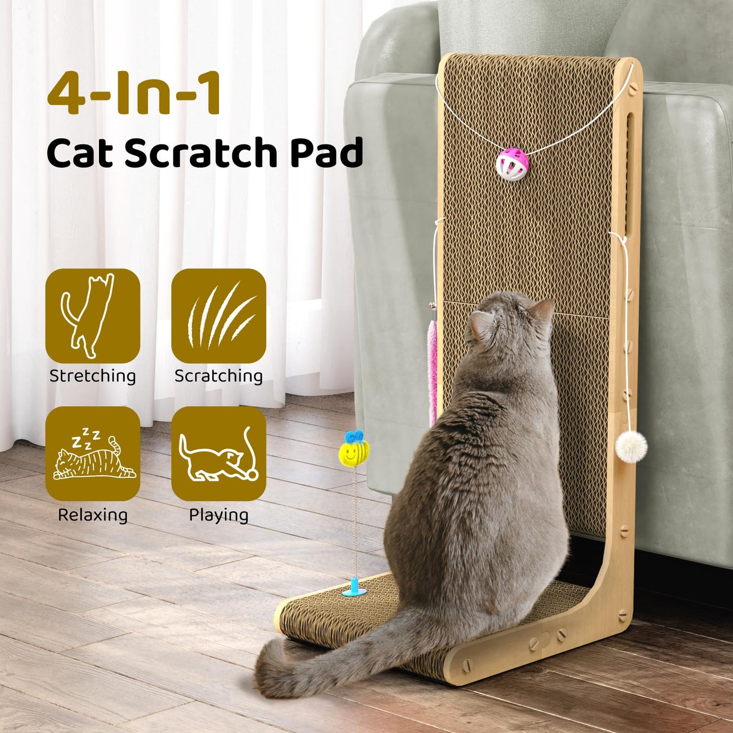 Griffoir pour chat Eosarcu, 75 cm, griffoir en forme de L pour chats d'intérieur, anti-griffures pour meubles avec clochettes, boules de poils, herbe à chat, taille XL