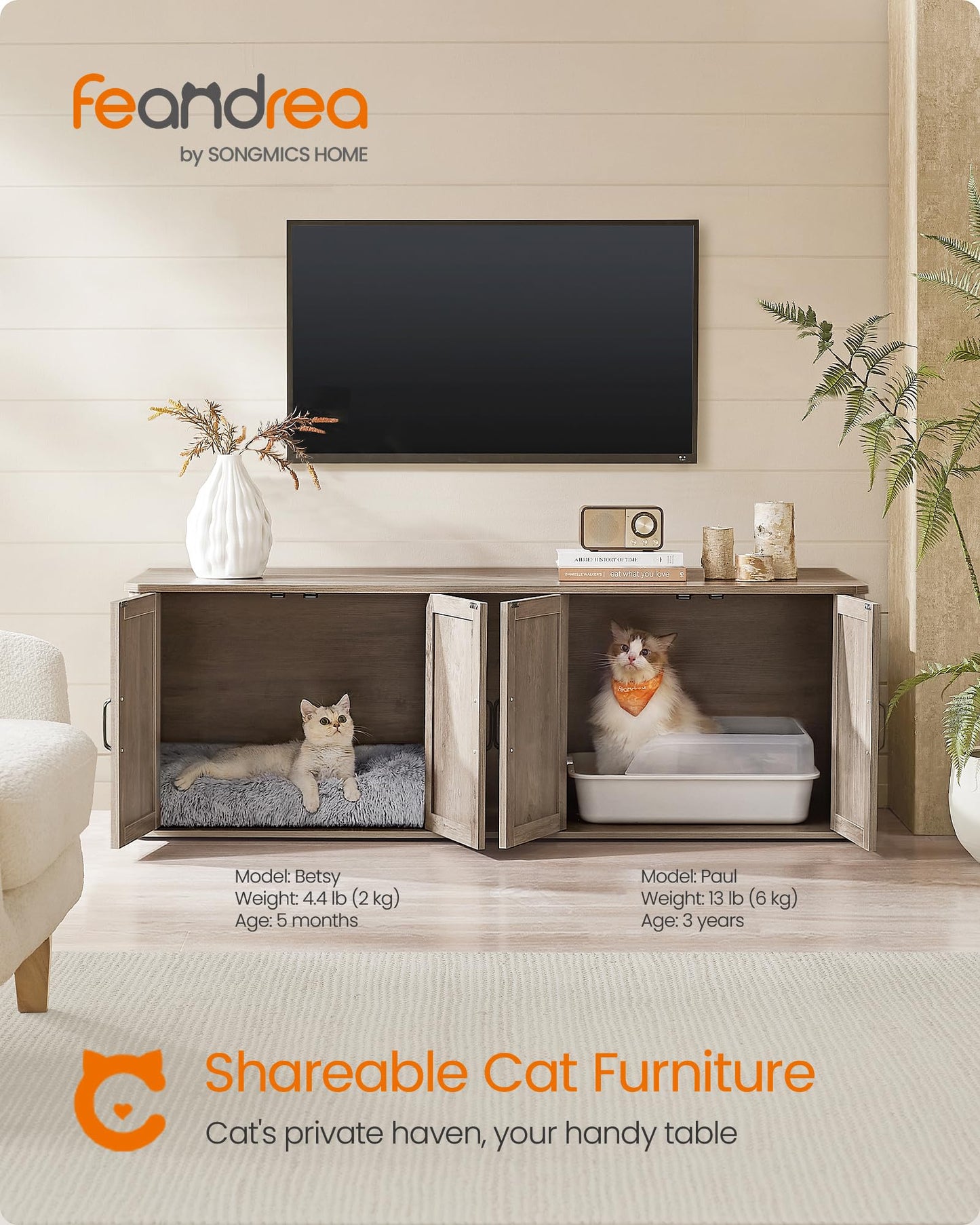 Bac à litière double moderne Feandrea, dissimulé pour 2 chats, entrée principale, niche pour chat, table d'appoint, meuble TV, 150 x 48 x 49,5 cm, Heather Griege