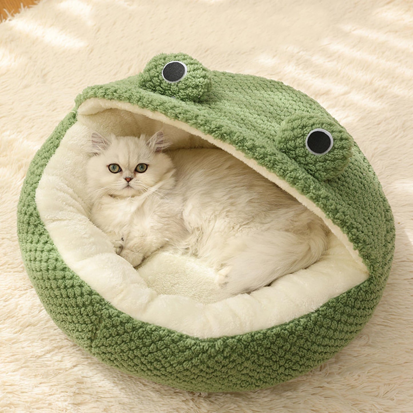 Pet Bed Dog Bed Cat Bed Frog Cat Bed Long Plush Winter Autumn Thermal Cute Cartoon Non-Slip Pet Bed Detachable Insert Soft Dampproof Cat Bed, Round with Half Roof