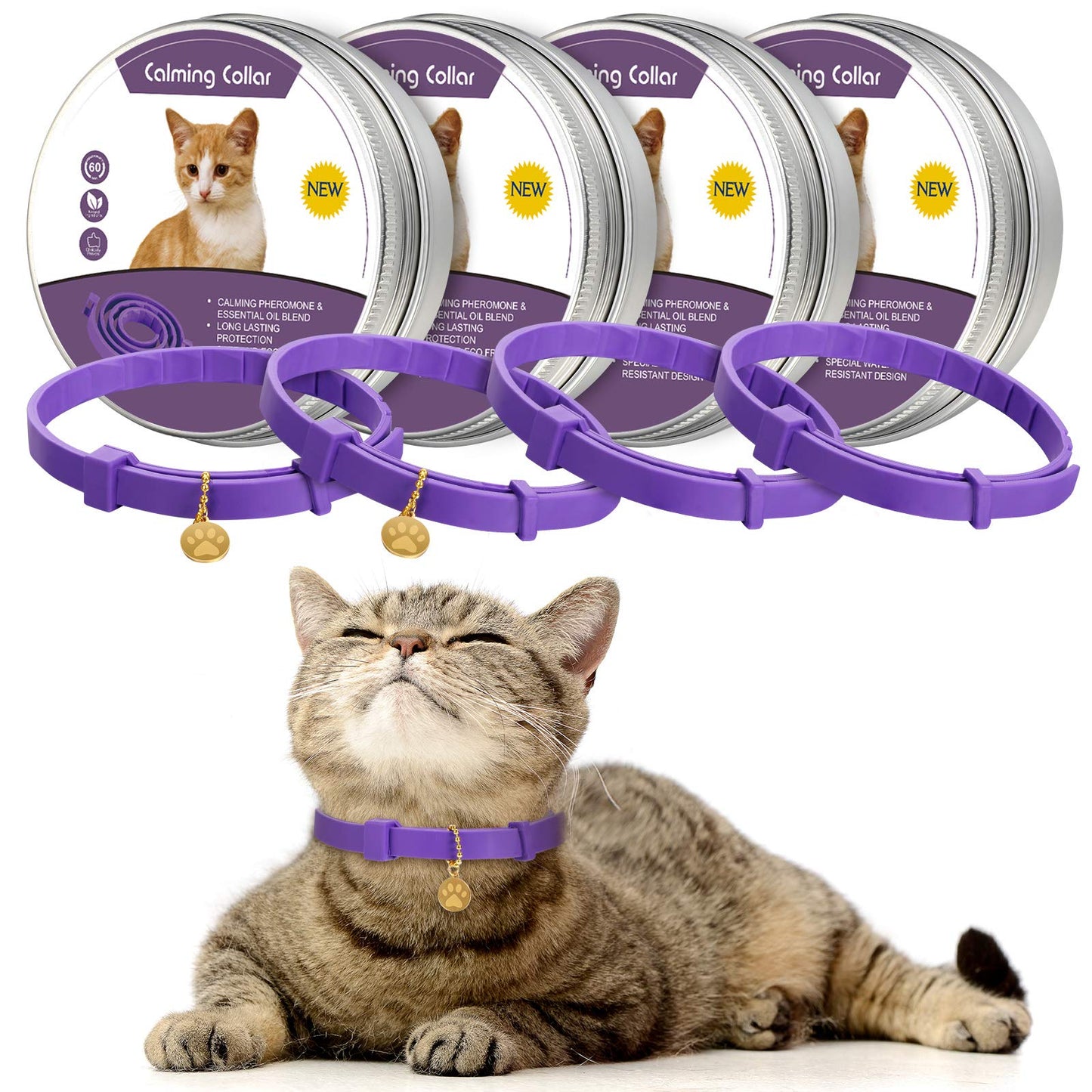 Collier apaisant pour chat, réglable, parfum lavande, avec 2 pendentifs, pour chiots, réduit le stress, l'agression et l'anxiété, jusqu'à 38 cm (violet, doré)