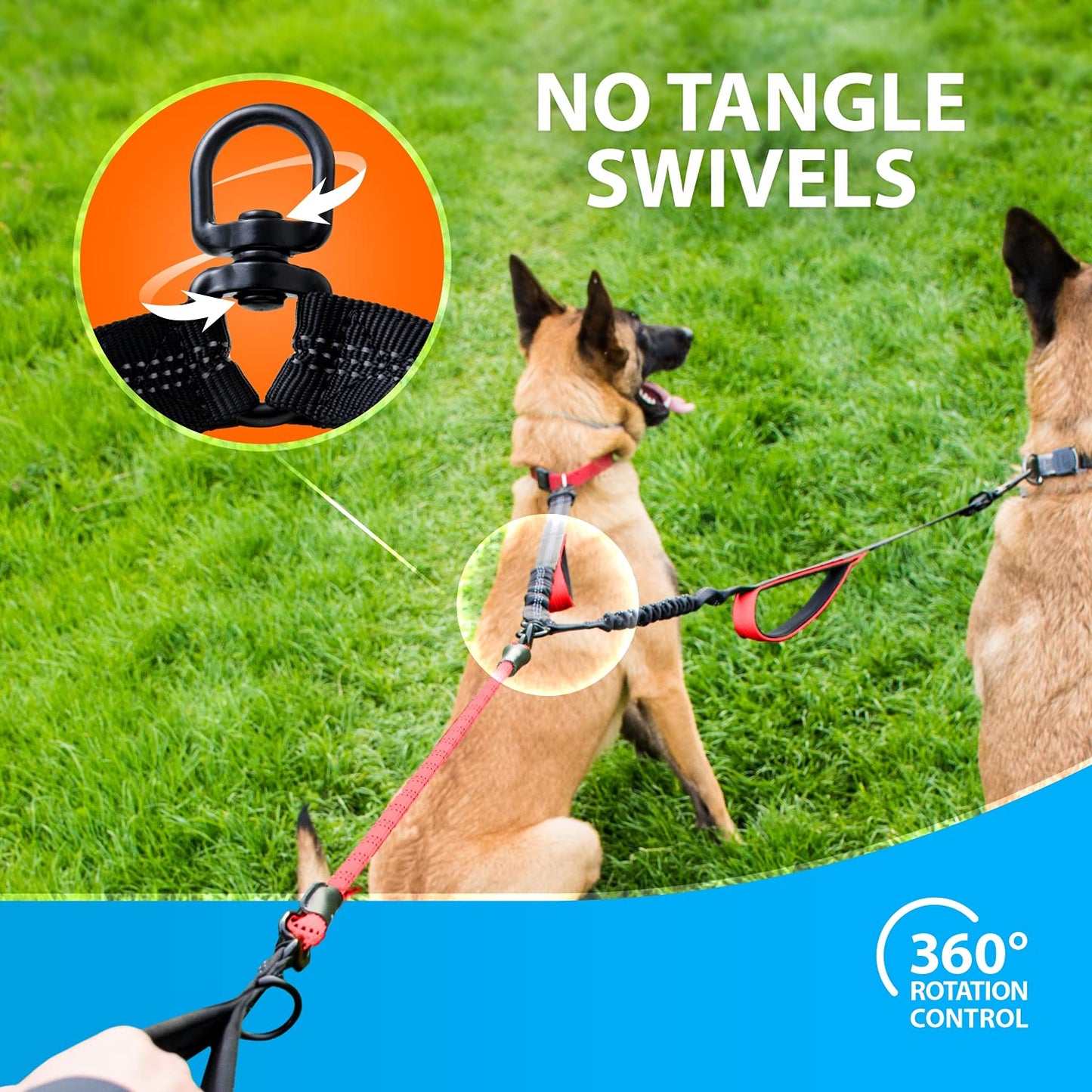 SparklyPets Double Leash for 2 Dogs – Rope Bungee Dual Leash for Medium and Large Breeds with Padded Handles & Tangle Free (Red, for 2 Dogs)