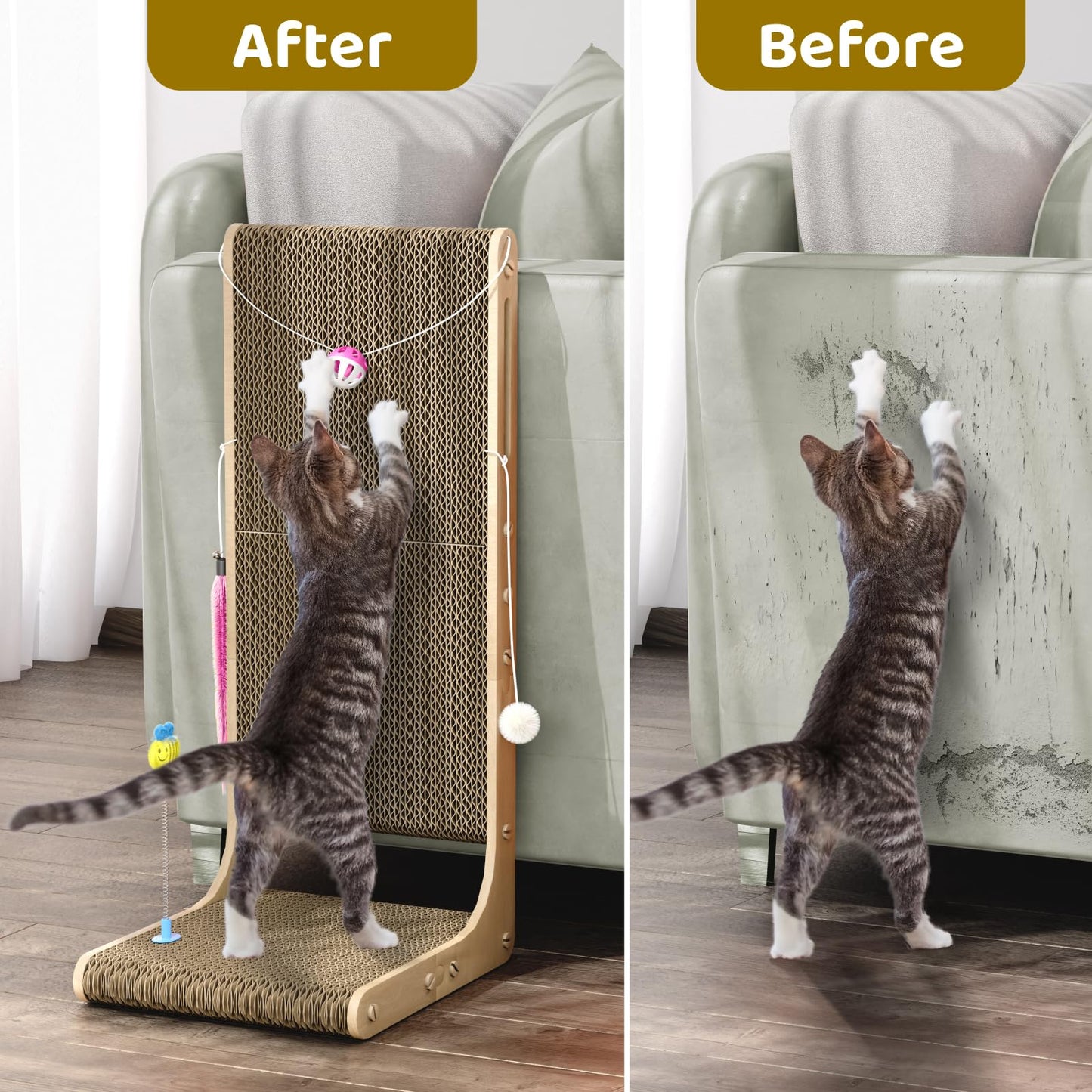 Griffoir pour chat Eosarcu, 75 cm, griffoir en forme de L pour chats d'intérieur, anti-griffures pour meubles avec clochettes, boules de poils, herbe à chat, taille XL