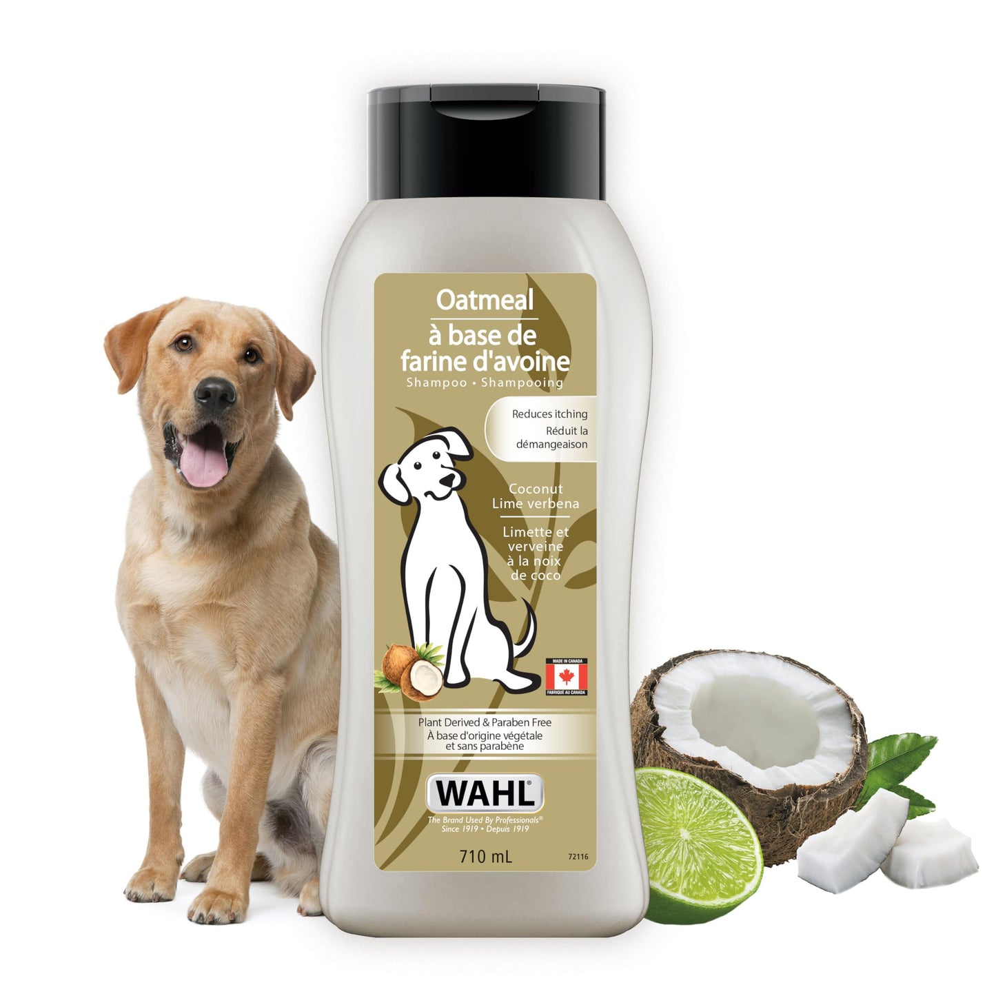 Shampoing à l'avoine pour chiens Wahl Canada, shampoing d'origine végétale à la noix de coco, au citron vert et à la verveine pour apaiser la peau sèche et irritée, sans parabène, 700 ml, modèle 58322