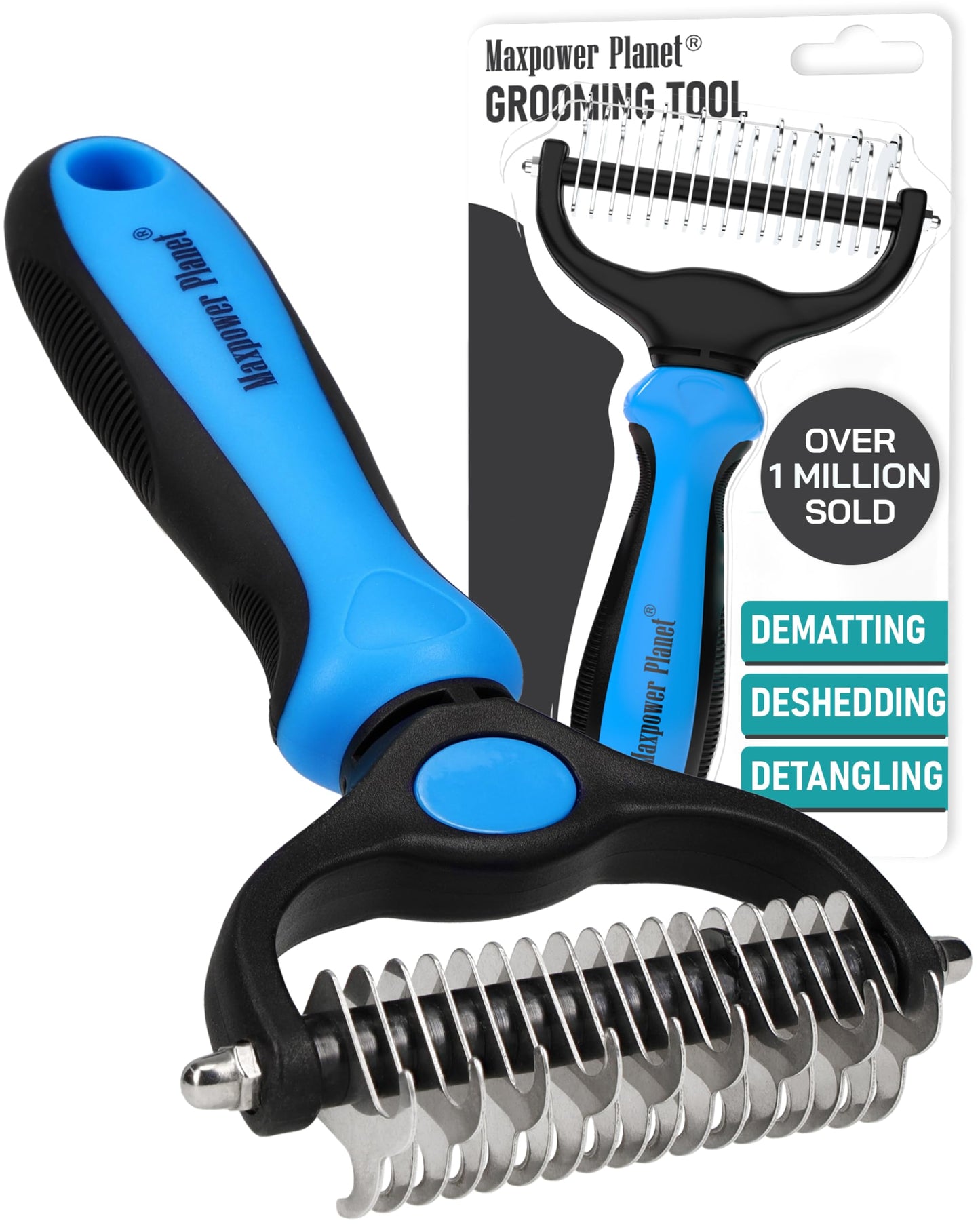 Maxpower Planet Pet Grooming Brush - Double Sided Shedding, Dematting - Undercoat Rake for Dogs - Dog Grooming Brush - Deshedding Brush for Dogs - Dog Brush, Cat Brush, Reduce Shedding by 95%, Blue