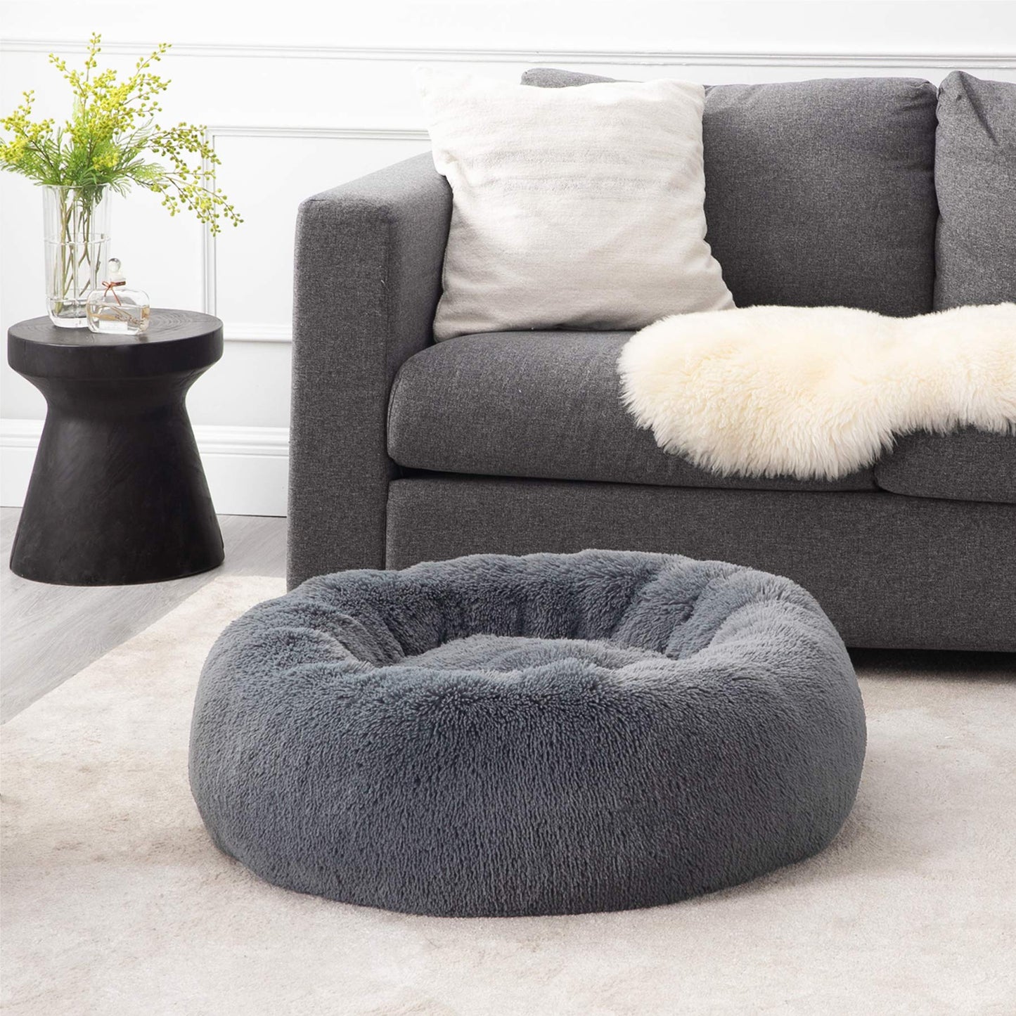 Lit rond et apaisant pour chien Bedsure en peluche - Lavable - 76 cm - En fausse fourrure antidérapante - Convient aux chats jusqu'à 20 kg, auto-chauffant - Gris