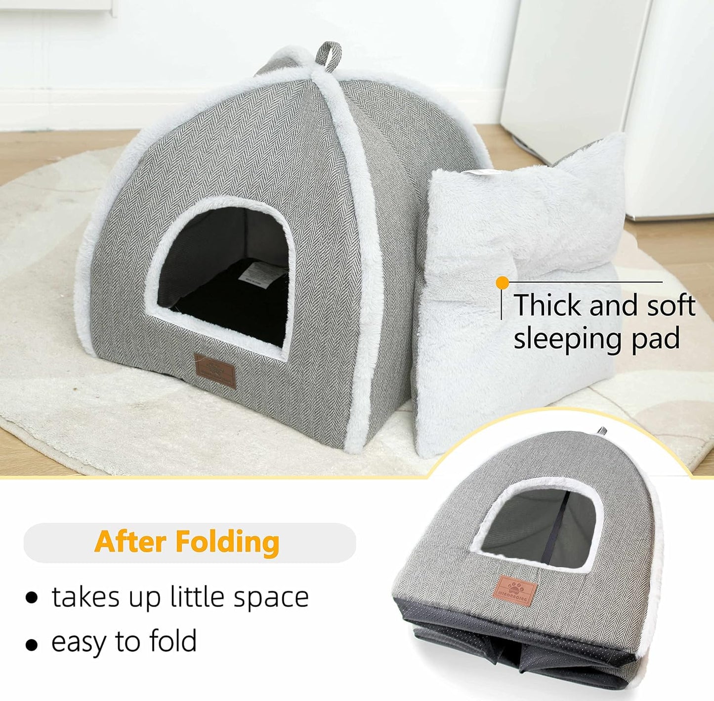 WINDRACING cat beds for Indoor Cats, Foldable cat Bed cave, cat House with Washable Cushions, cat Bed for Kittens, Small Pets, cat Tent, Soft and Warm Indoor cat House, Gray