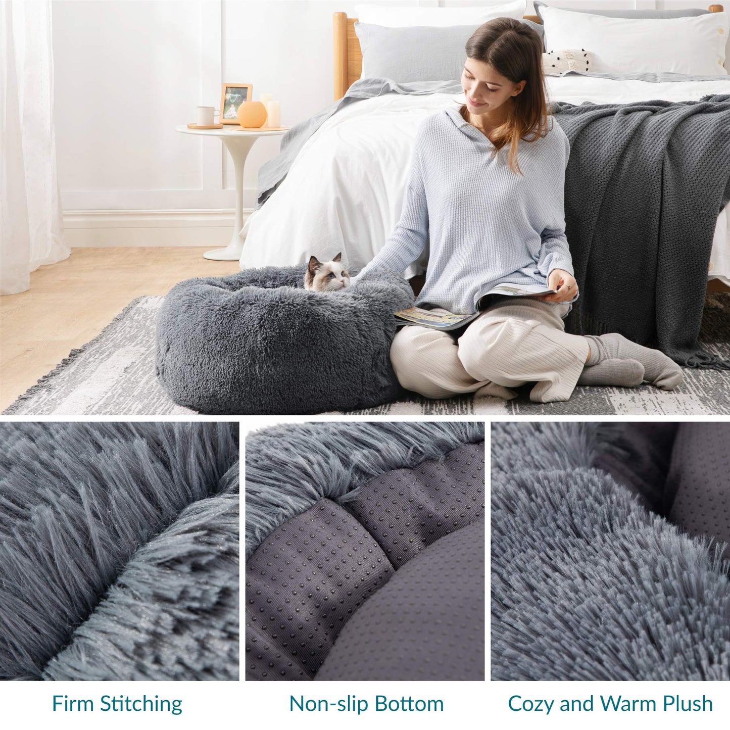 Lit rond et apaisant pour chien Bedsure en peluche - Lavable - 76 cm - En fausse fourrure antidérapante - Convient aux chats jusqu'à 20 kg, auto-chauffant - Gris