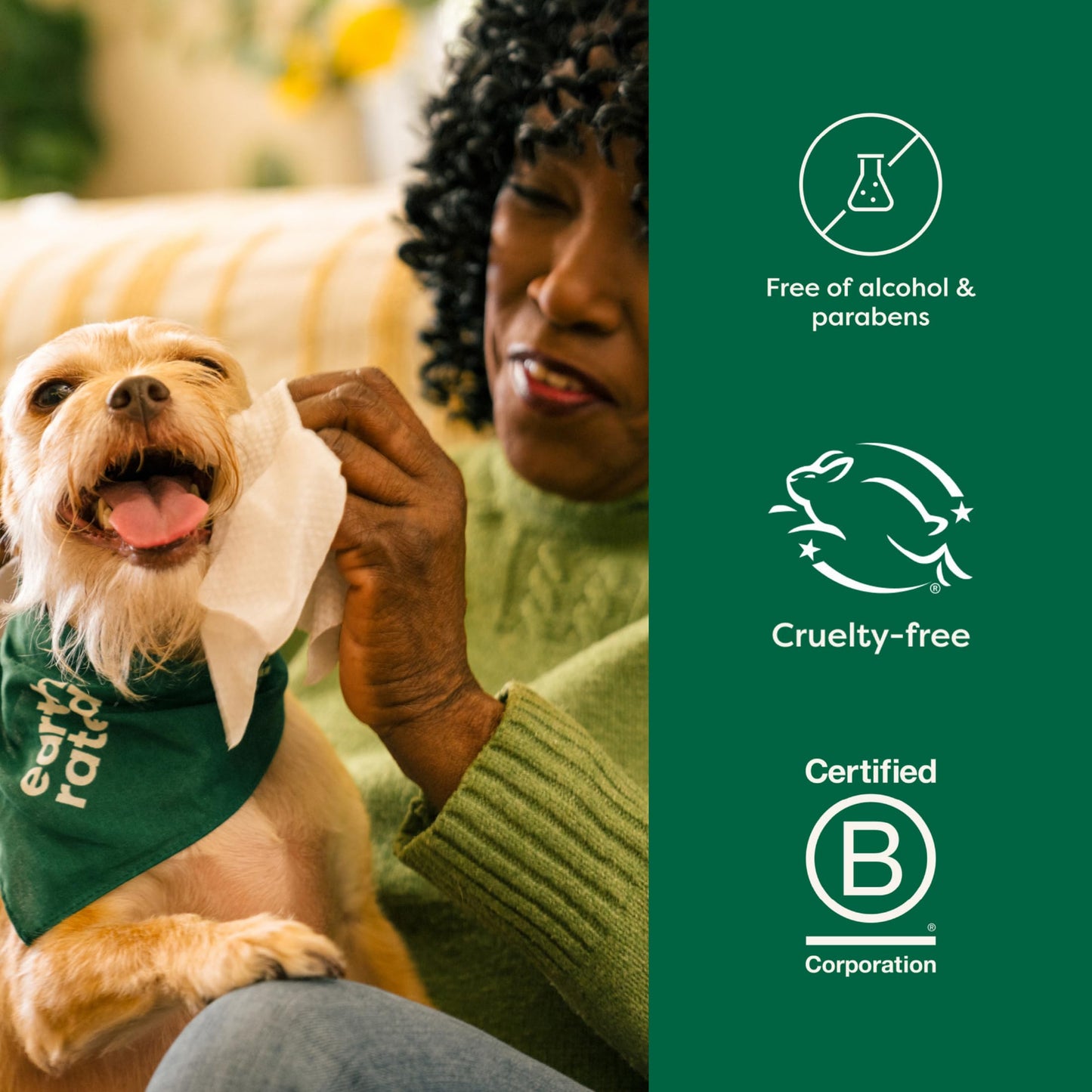 Lingettes de toilettage pour chiens et chats Earth Rated (entreprise canadienne), hypoallergéniques, nettoyantes et hydratantes, pour les pattes, le corps et les fesses, sans parfum, 100 unités