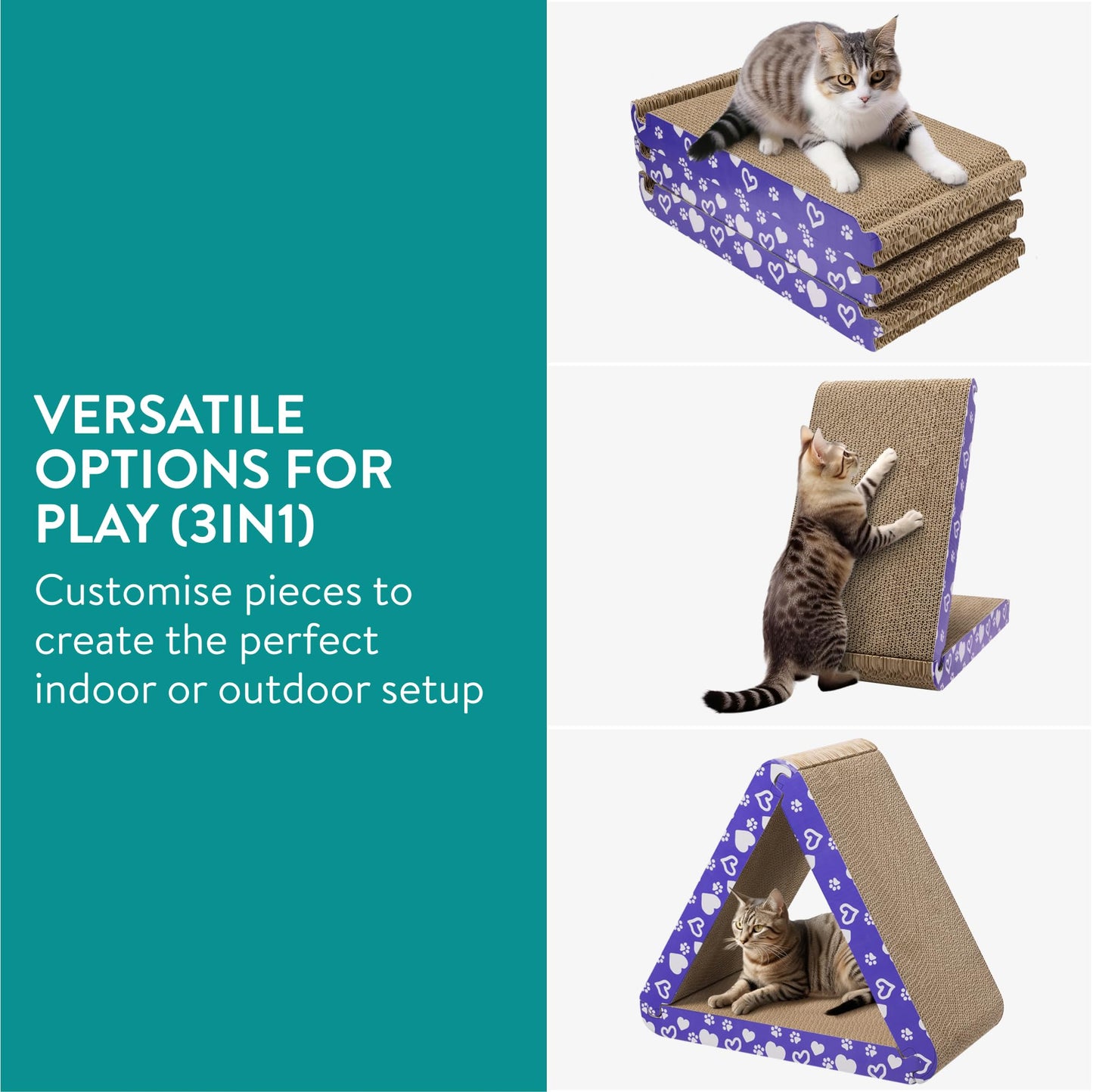 Navaris 3-in-1 Cat Scratcher - Triangle Design Cardboard Cat Scratchers - Easy Assembly Board House for Cats - Large Multi-Sided Scratch Pad, Mat Bed - 44.5cm