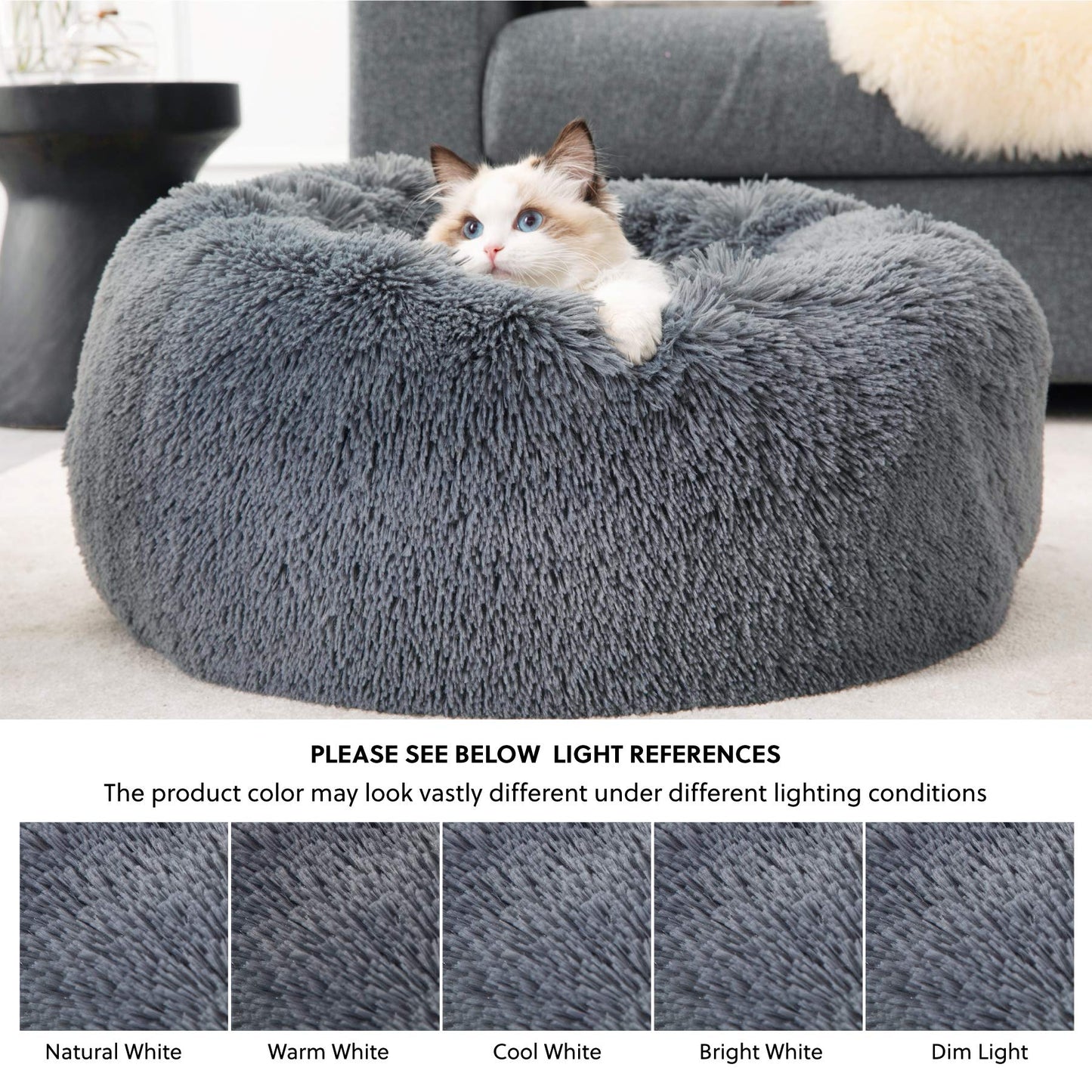 Lit rond et apaisant pour chien Bedsure en peluche - Lavable - 76 cm - En fausse fourrure antidérapante - Convient aux chats jusqu'à 20 kg, auto-chauffant - Gris
