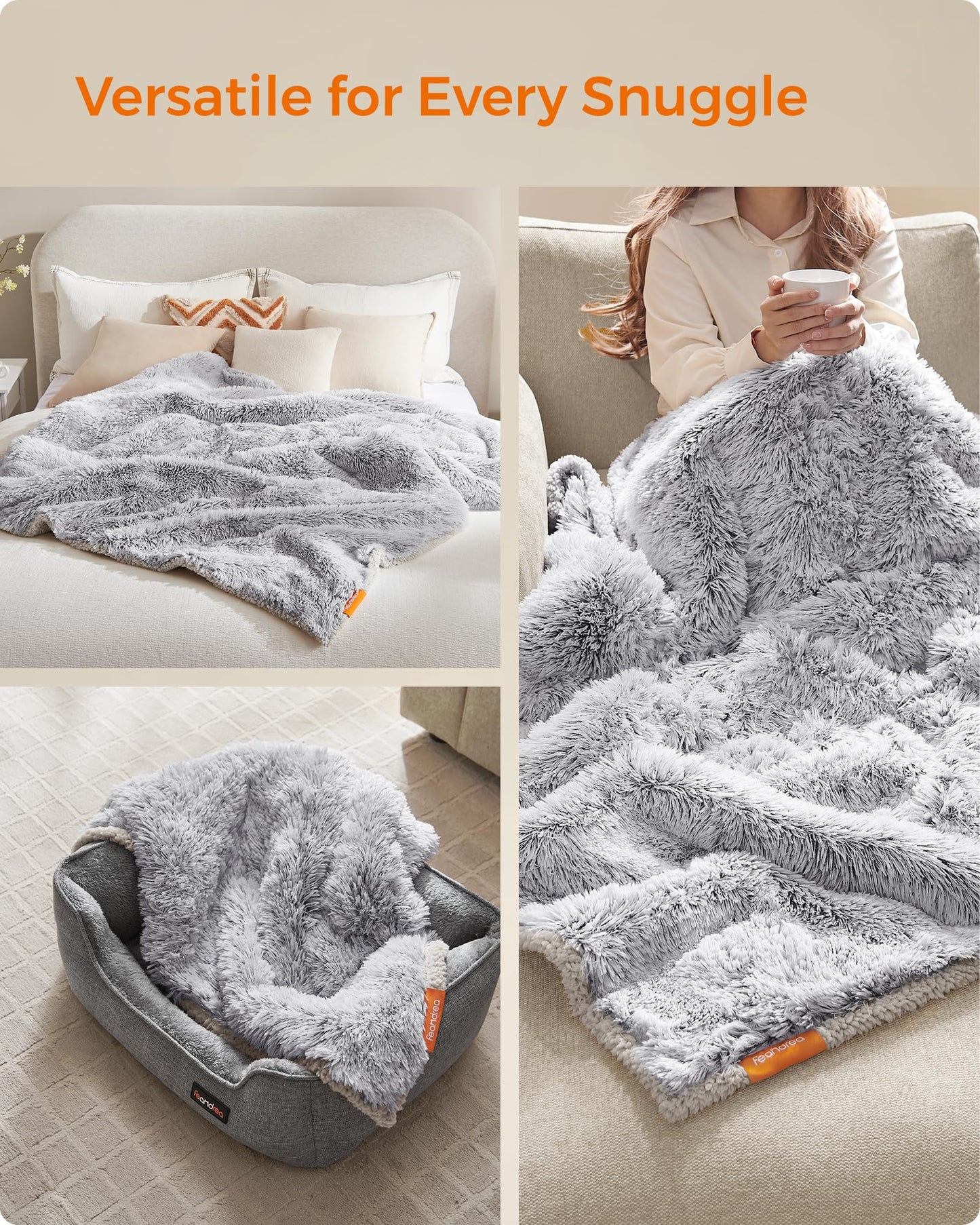 Couverture imperméable pour chien Feandrea, longue couverture en peluche pour chiens miniatures et petits, chats, 101 x 74 cm, M, polaire Sherpa, double face, réversible, gris ombré UPPB004G01
