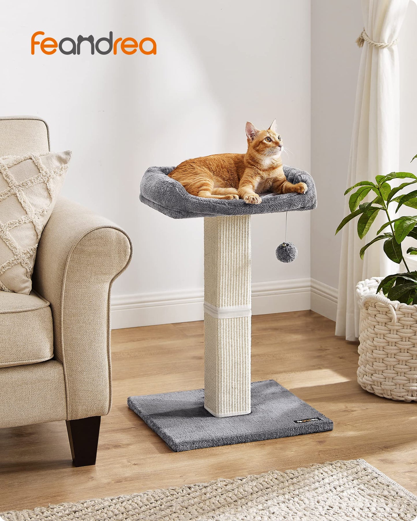 Arbre à chat Feandrea, griffoir avec perchoir supérieur, entièrement recouvert de sisal tissé, pompon, housse amovible et lavable, gris clair UPCA022W01