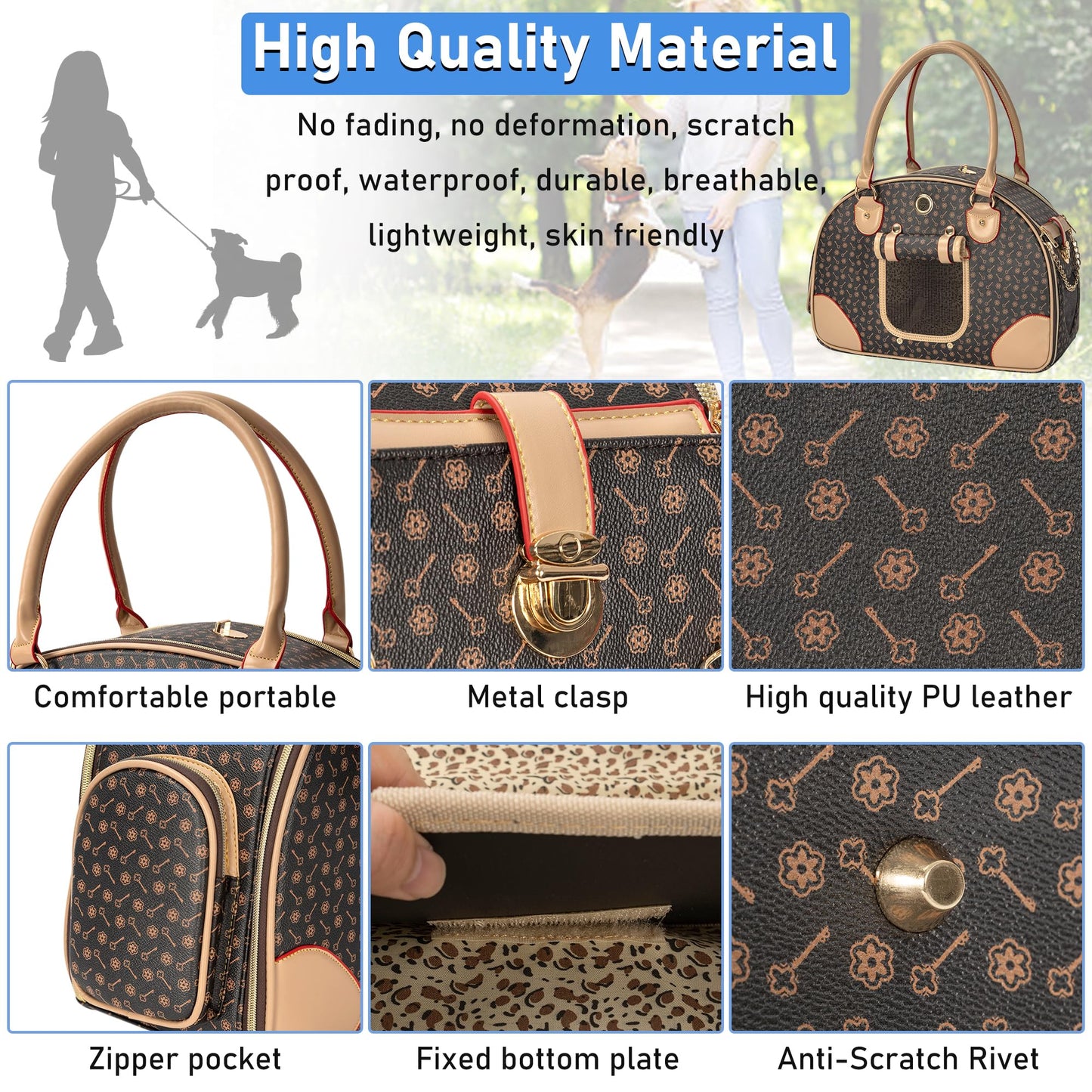 TORIBIO Luxury Pet Travel Carrier, Foldable Small Dog Cat Carrier Bag Fashion Soft-Sided Pet Carrier Tote Bags Waterproof PU Leather Carrying Handbag for Outdoor Travel Walking Hiking Shopping, L