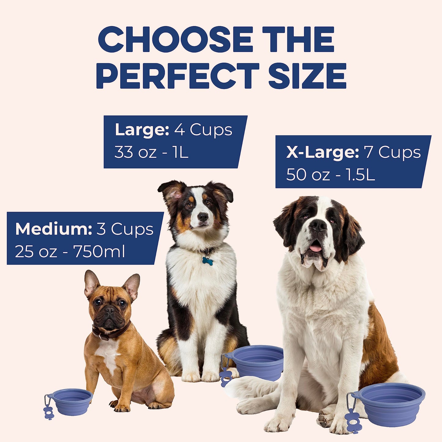 Gamelle pliable pour chien Bonza, bord renforcé robuste, mousqueton et porte-bouteille inclus, bleu marine, grande taille