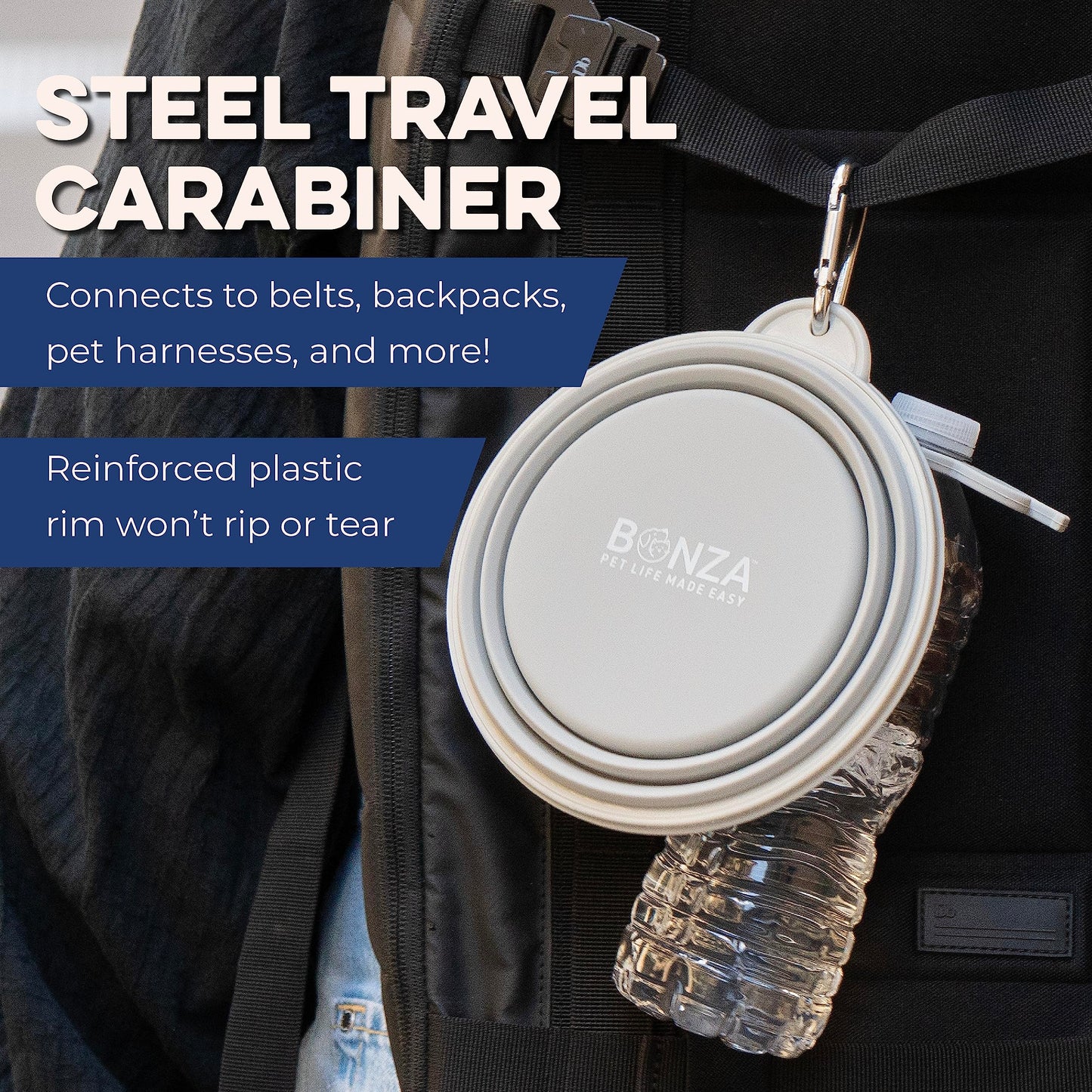 Gamelle pliable pour chien Bonza, bord renforcé robuste, mousqueton et porte-bouteille inclus, bleu marine, grande taille