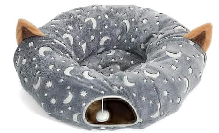 LUCKITTY Cat Tunnel Bed Tube with Cushion and Plush Ball Toy Playground Crinkle Collapsible Self-Luminous Flannel Fabric 3FT for Large Cats Kittens Kitty Small Animals Puppy Grey Moon Star