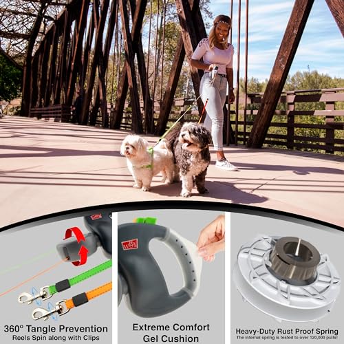 Wigzi Two Dog Retractable Non-Tangling Dog Leash with Innovative Gel Handle - Walk 2 Dogs Up to 50 lbs Each - 10 ft Leads