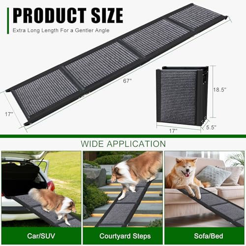 PUPAINT Dog Ramp for Car, Portable Dog Ramp with Non-Slip Rug Surface & Pet Blanket, 67" L Folding Pet Ramp, Easy to Store, Aluminum Alloy Frame Max Load 260LBS for Dog Enter Cars, SUVs (Upgraded)
