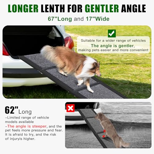 PUPAINT Dog Ramp for Car, Portable Dog Ramp with Non-Slip Rug Surface & Pet Blanket, 67" L Folding Pet Ramp, Easy to Store, Aluminum Alloy Frame Max Load 260LBS for Dog Enter Cars, SUVs (Upgraded)