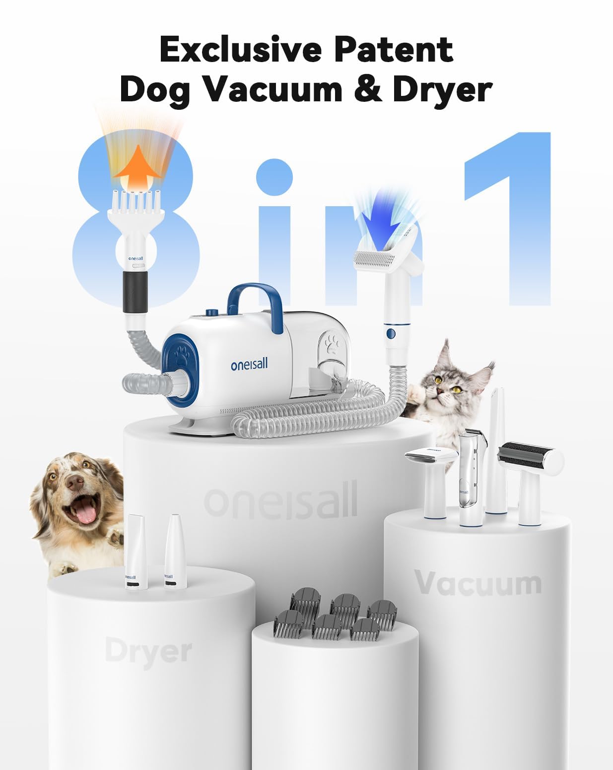 oneisall Dog Vacuum & Dryer for Shedding Grooming, 8 in 1 Dog Grooming Kit with Metal Blades Pet Clippers, Adjustable Speed and Temperature Control Dog Blower