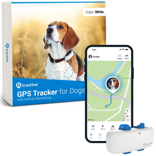 Traceur GPS Tractive pour chiens – Étanche, localisation GPS et suivi d'activité intelligent, portée illimitée, compatible avec tous les colliers (blanc)