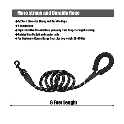 PETESCORT 6FT/10FT Strong Dog Leashes with Comfortable Padded Handle and Highly Reflective Threads for Small Medium and Large Dogs(6 Feet x1/2'' (Pack of 1), Black)