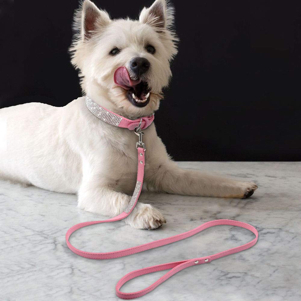 Haoyueer Cute Dazzling Sparkling Elegant Fancy Soft Suede Leather Bling Rhinestone Crystal Jeweled Pet Cat Dog Puppy Collar Dog Leash Combo Set(Pink,XXS)