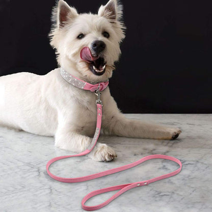 Haoyueer Cute Dazzling Sparkling Elegant Fancy Soft Suede Leather Bling Rhinestone Crystal Jeweled Pet Cat Dog Puppy Collar Dog Leash Combo Set(Pink,XXS)