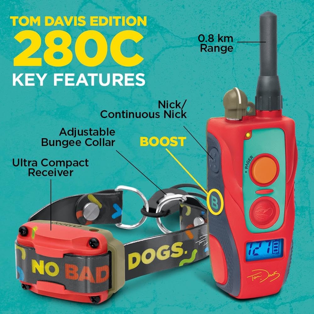 Collier électronique Dogtra Canada Tom Davis 280C avec télécommande pour chiens, rechargeable, étanche, Boost N' Bungee, portée de 0,80 km, pas de mauvais chiens